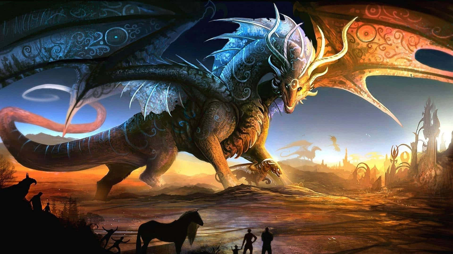 masculine giant dragon, blue and gold dragon, ornate wings, Full HD Desktop Wallpaper