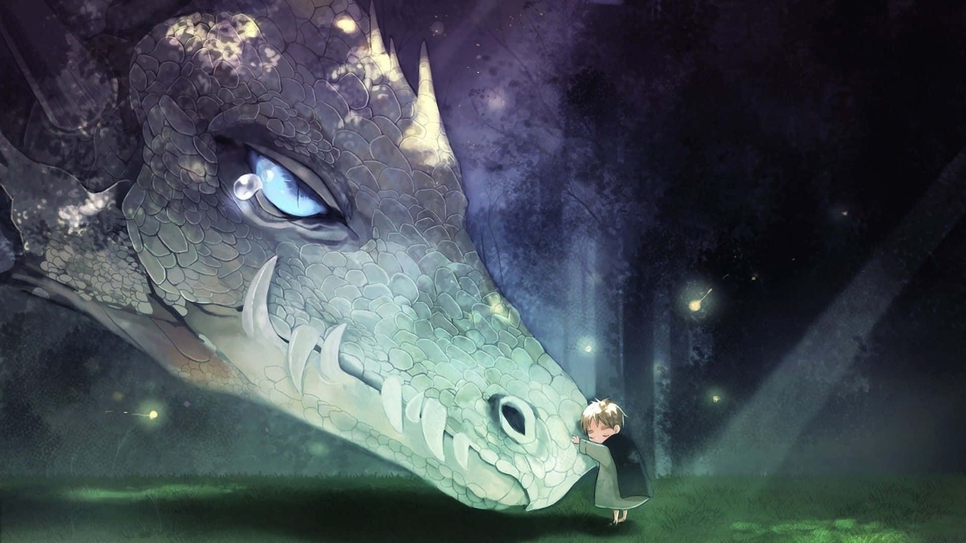Calm Dragon Anime Face With Child, massive, serene dragon, glowing blue eyes, Full HD Desktop Wallpaper