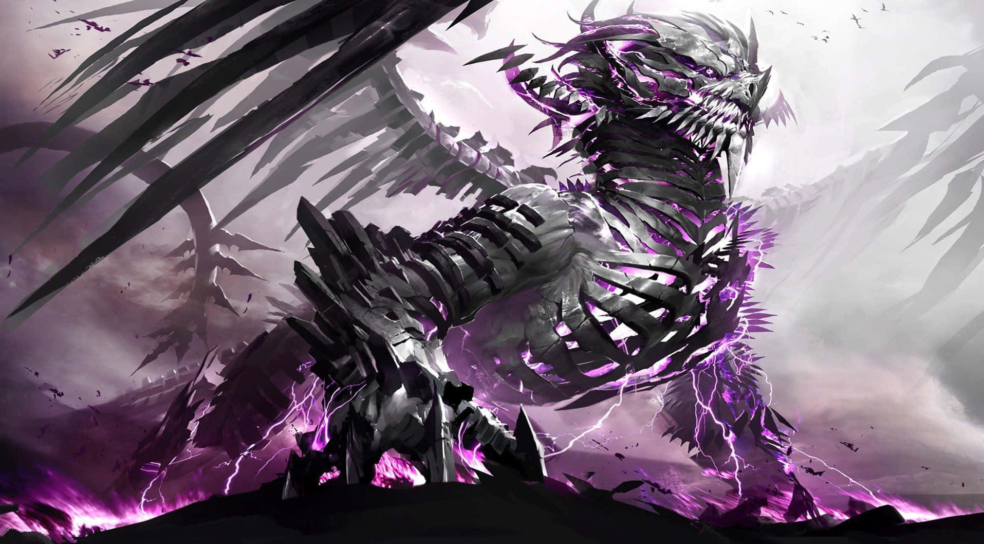 skeletal dragon, glowing purple energy, jagged wings, HD Desktop Wallpaper