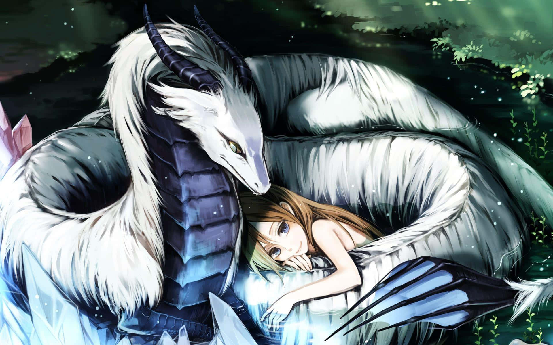 brunette girl, white dragon, glowing eyes, Full HD Desktop Wallpaper