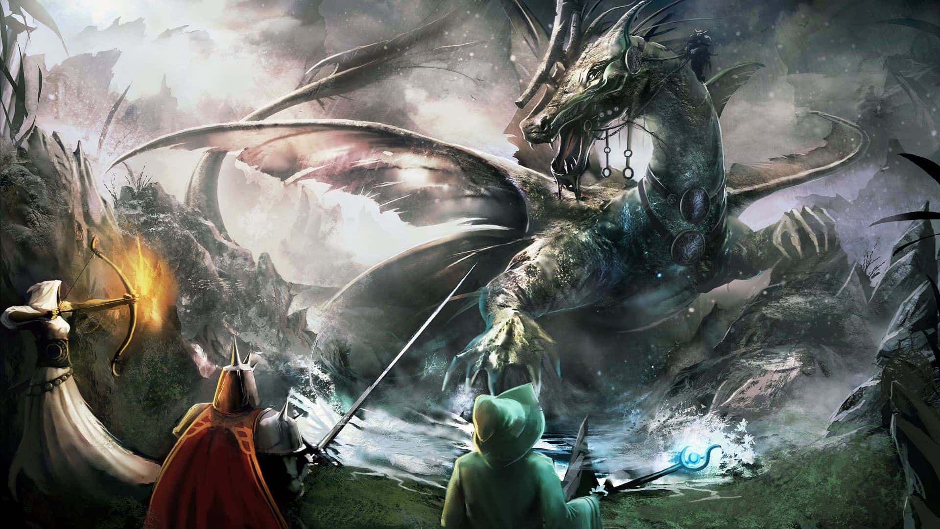 giant, dragon, misty mountainous valley, Full HD Desktop Wallpaper