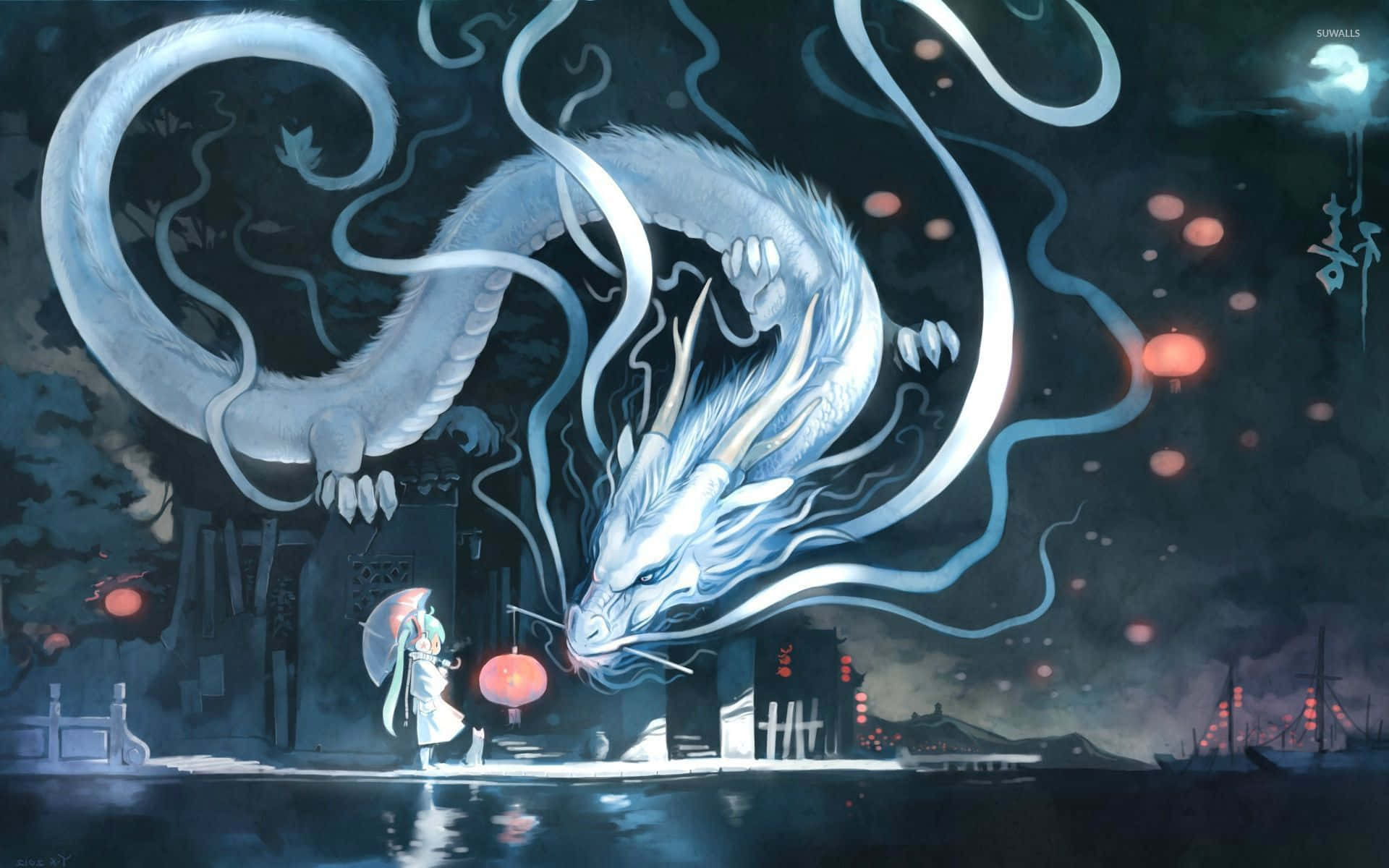 white dragon, lone figure, umbrella, Full HD Desktop Wallpaper