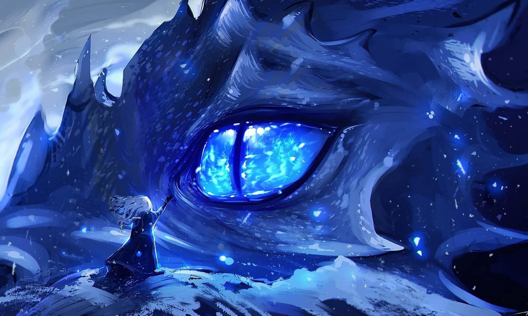 blue eyed dragon, glowing blue eye, snowy, icy cavern, HD Desktop Wallpaper