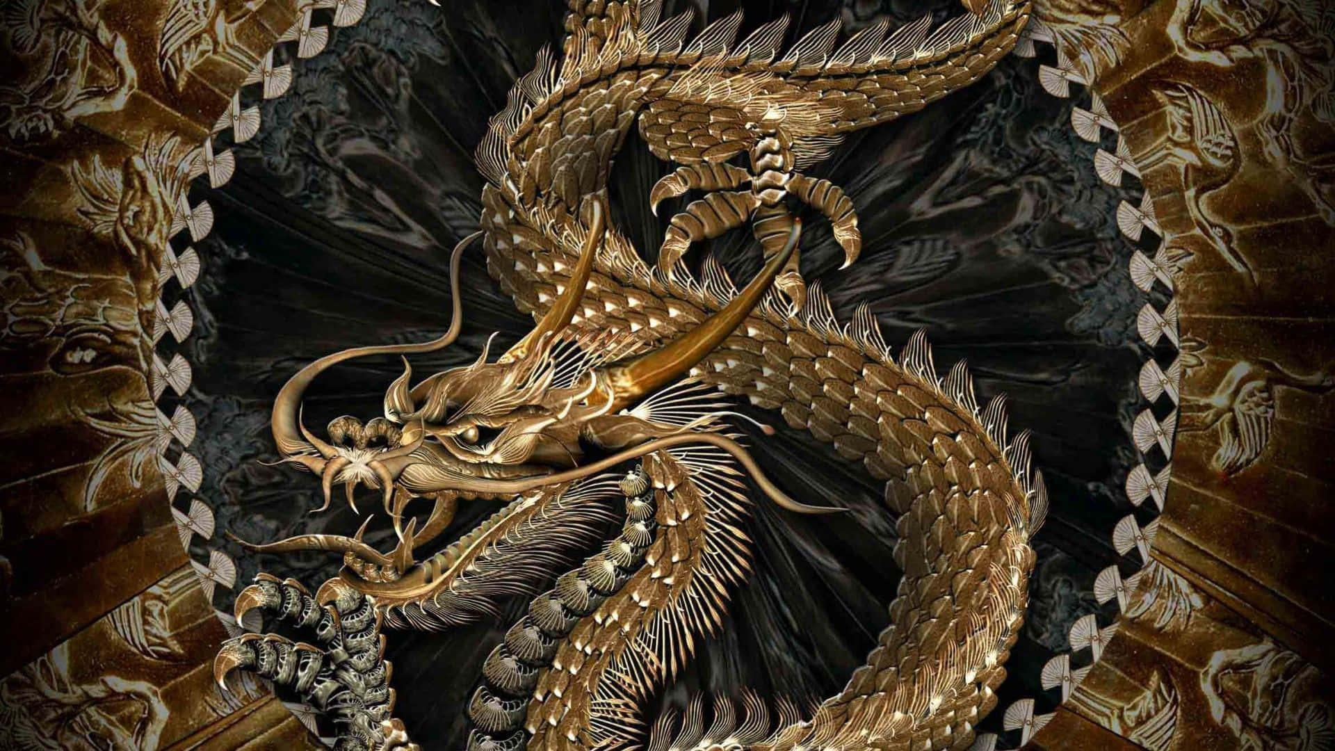 Golden Dragon, 1080p, dark ornate backdrop, Full HD Desktop Wallpaper