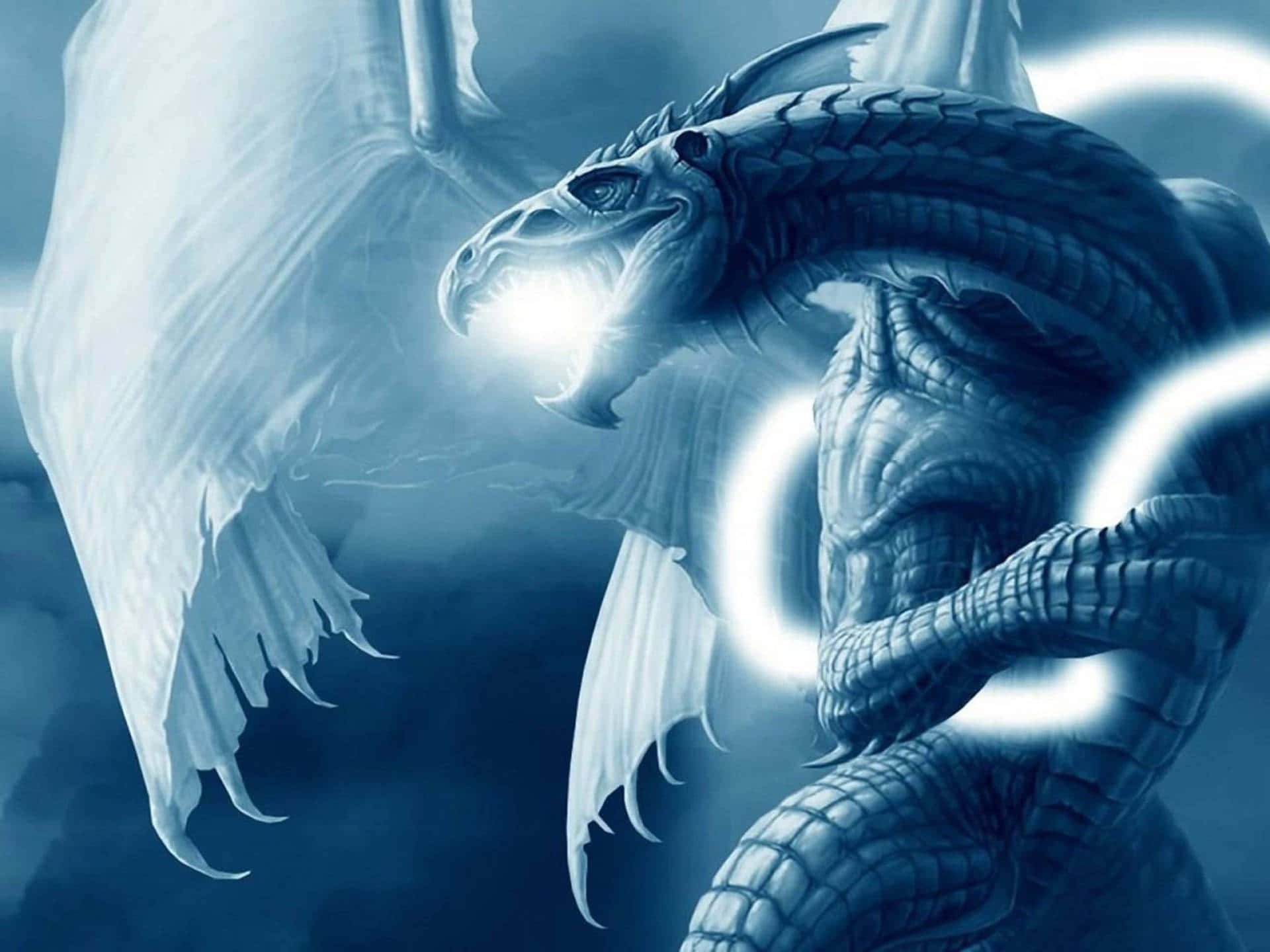 blue fantasy dragon, glowing wings, glowing mouth, Full HD Desktop Wallpaper