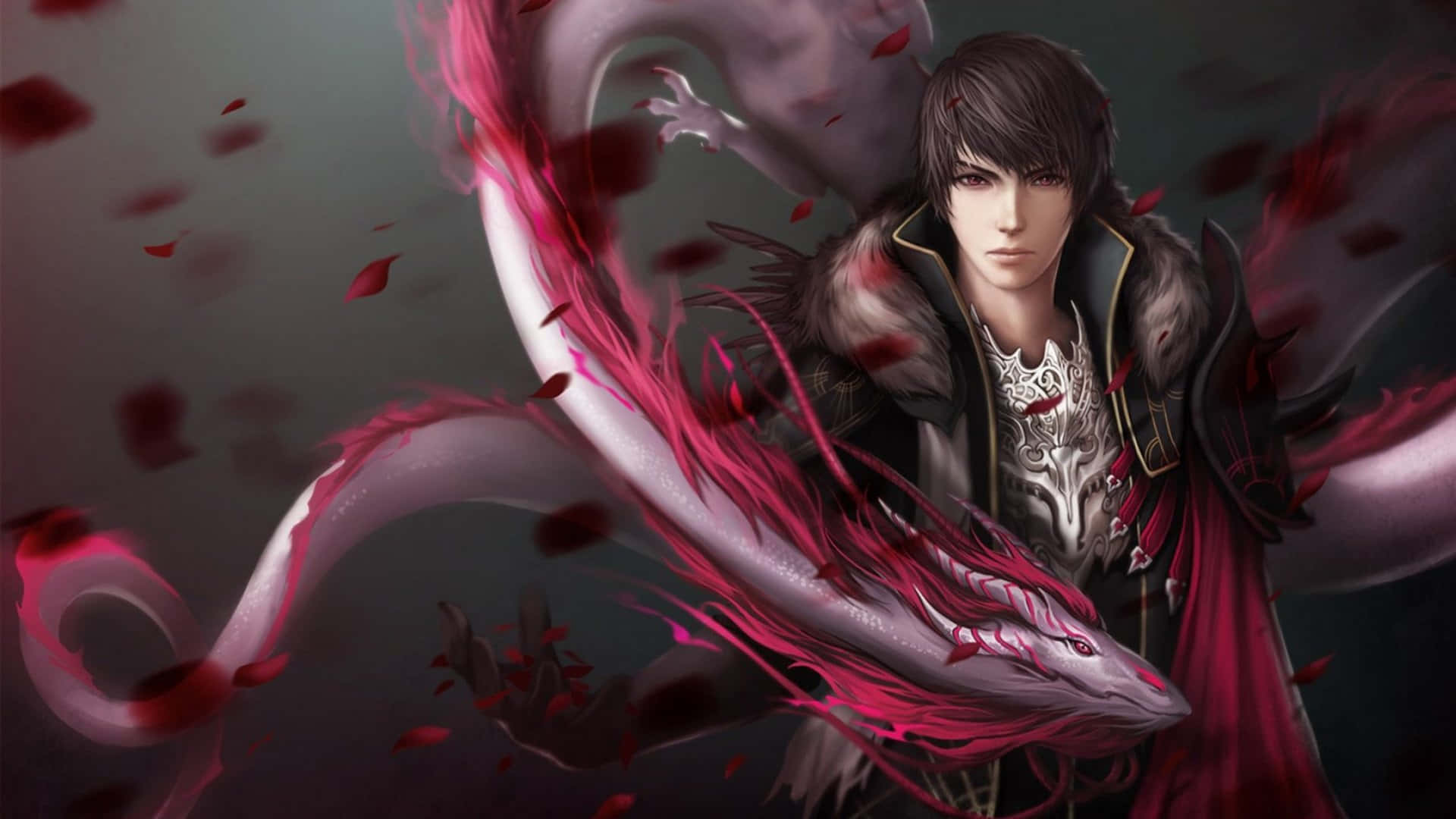 fantasy dragon anime, dark-haired anime warrior, ornate armor, Full HD Desktop Wallpaper