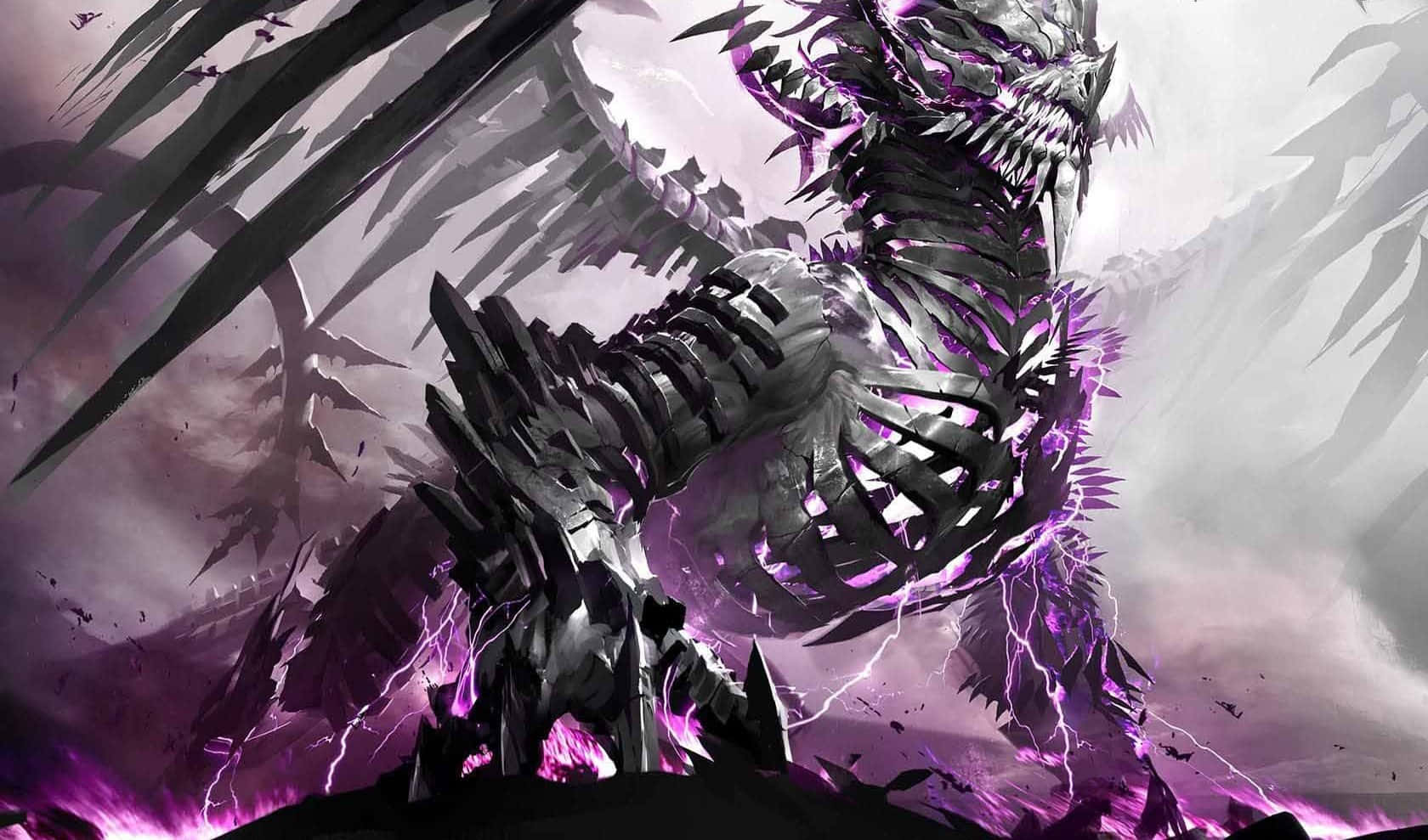 metallic dragon, jagged purple energy, skeletal form, HD Desktop Wallpaper