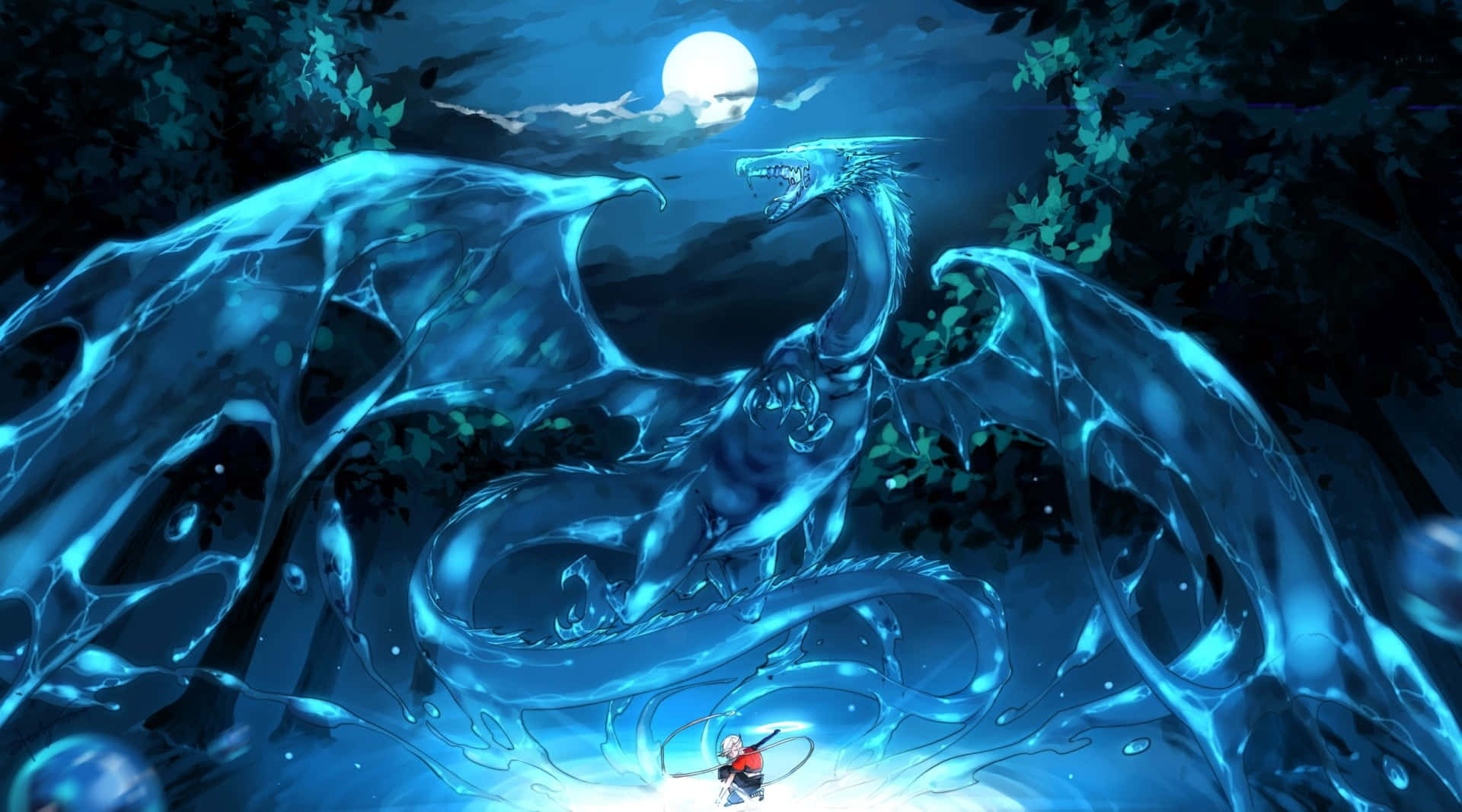 full moon, water dragon, glowing blue, Full HD Desktop Wallpaper