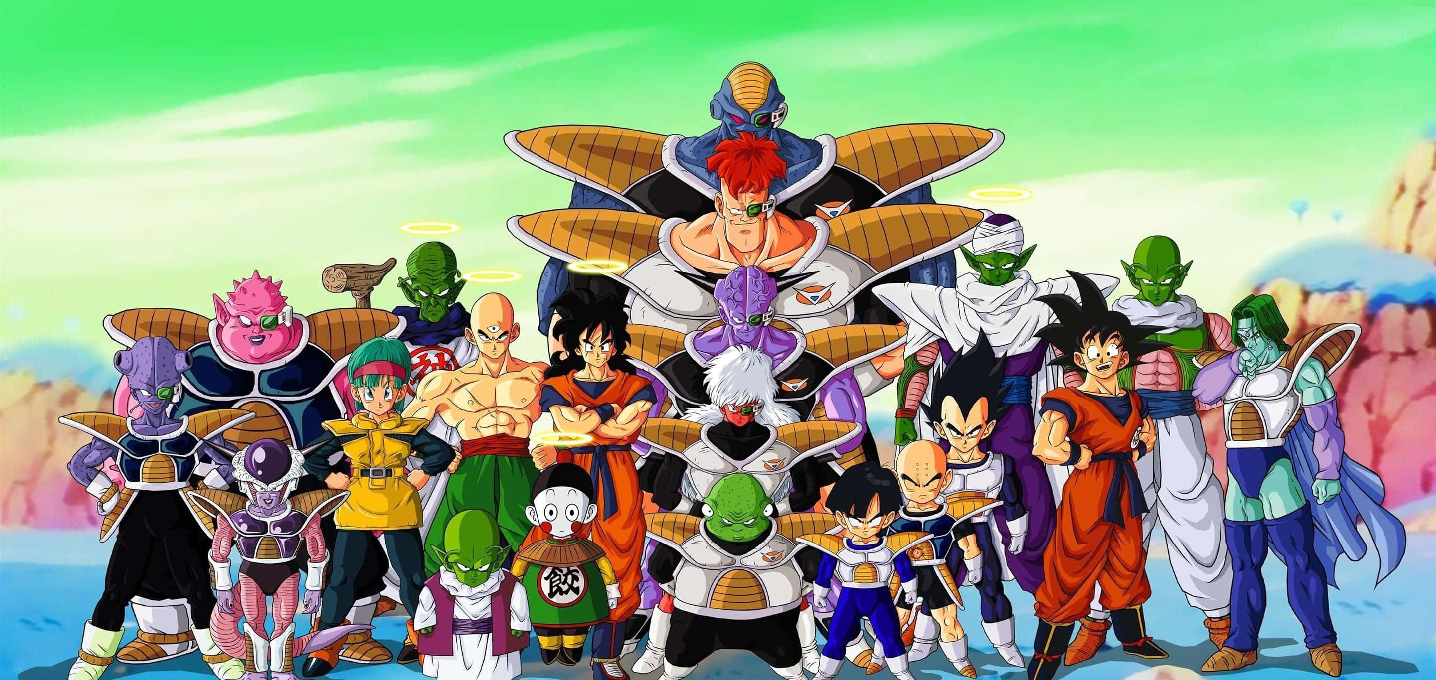 Dragon Ball Characters, vibrant anime group shot, surreal green sky, 2K Desktop Wallpaper