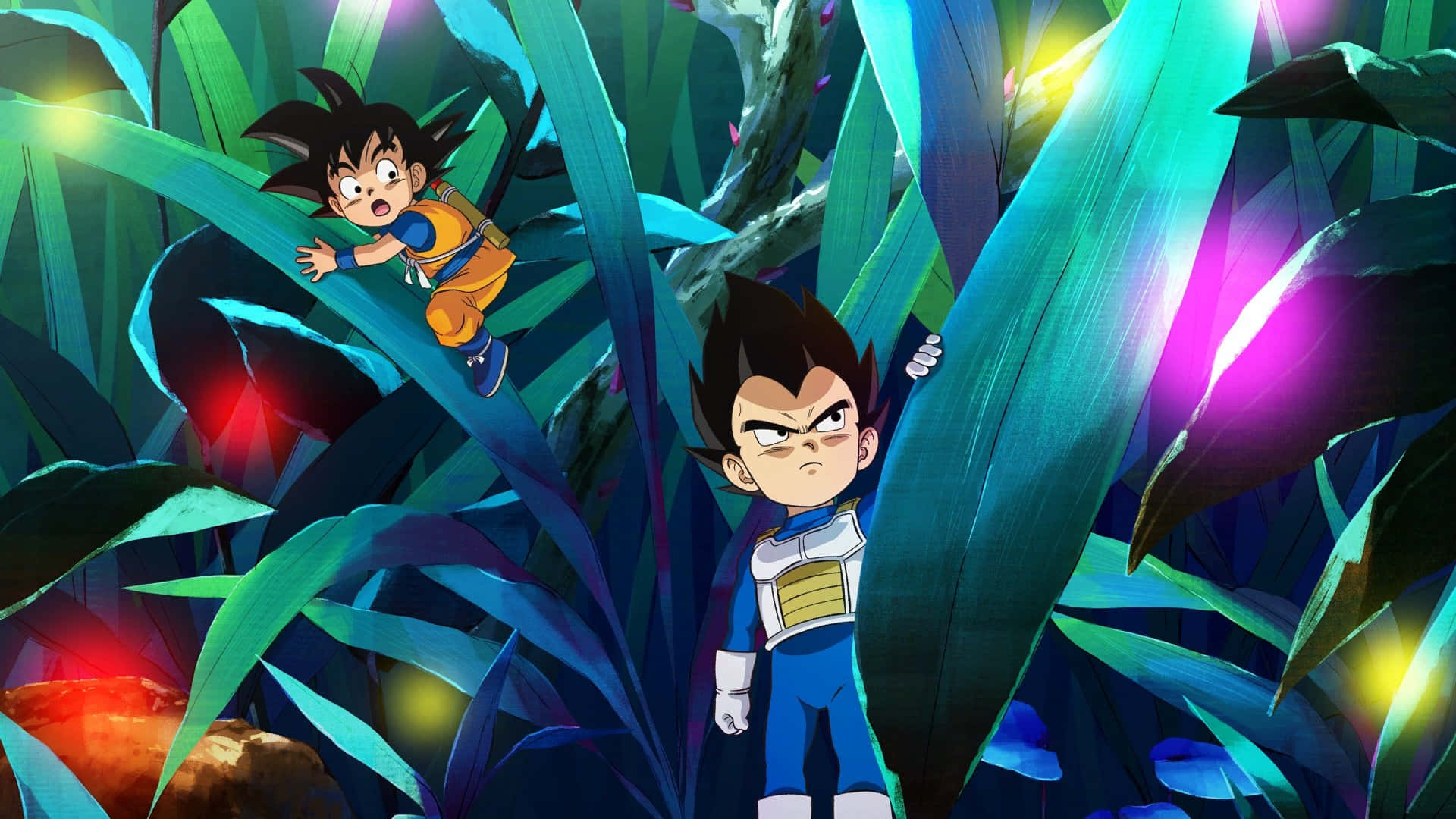 Dragon Ball Daima, anime characters, glowing jungle foliage, Full HD Desktop Wallpaper