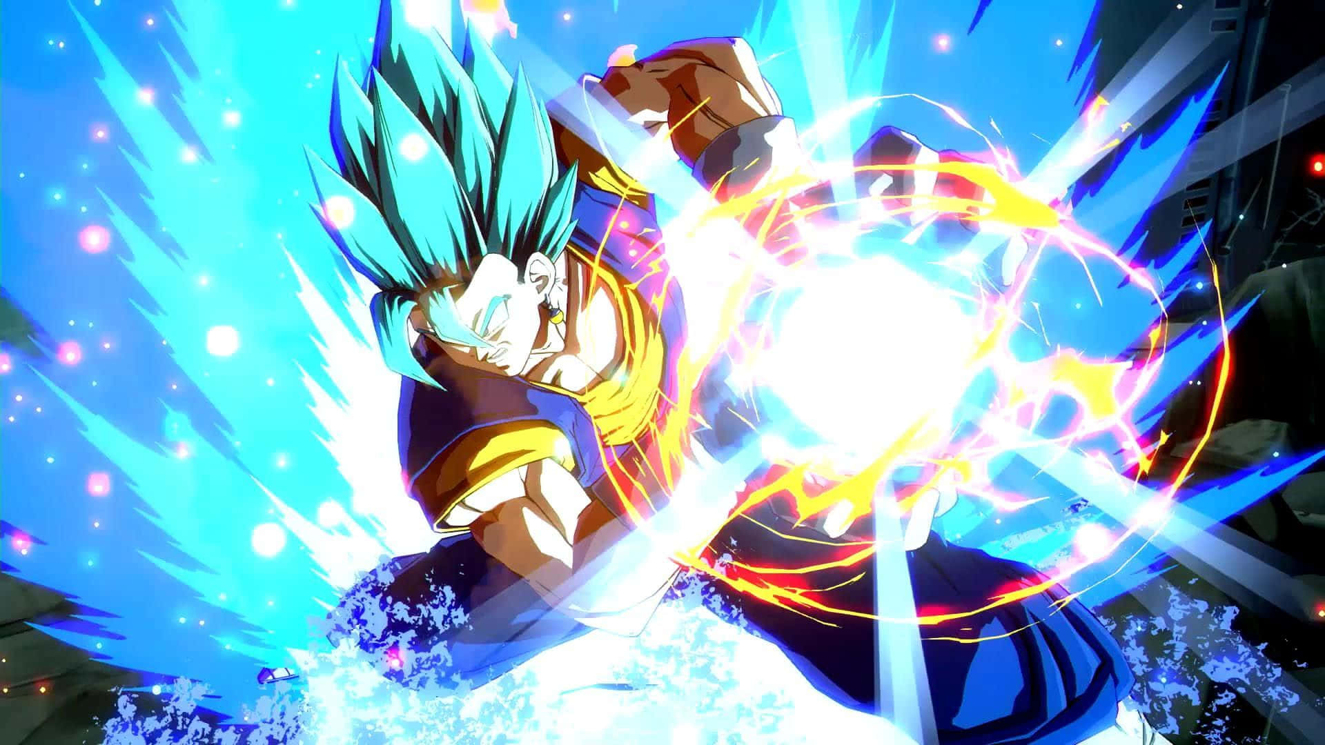 Dragon Ball Fighterz, blue-haired anime warrior, glowing energy blast, Full HD Desktop Wallpaper