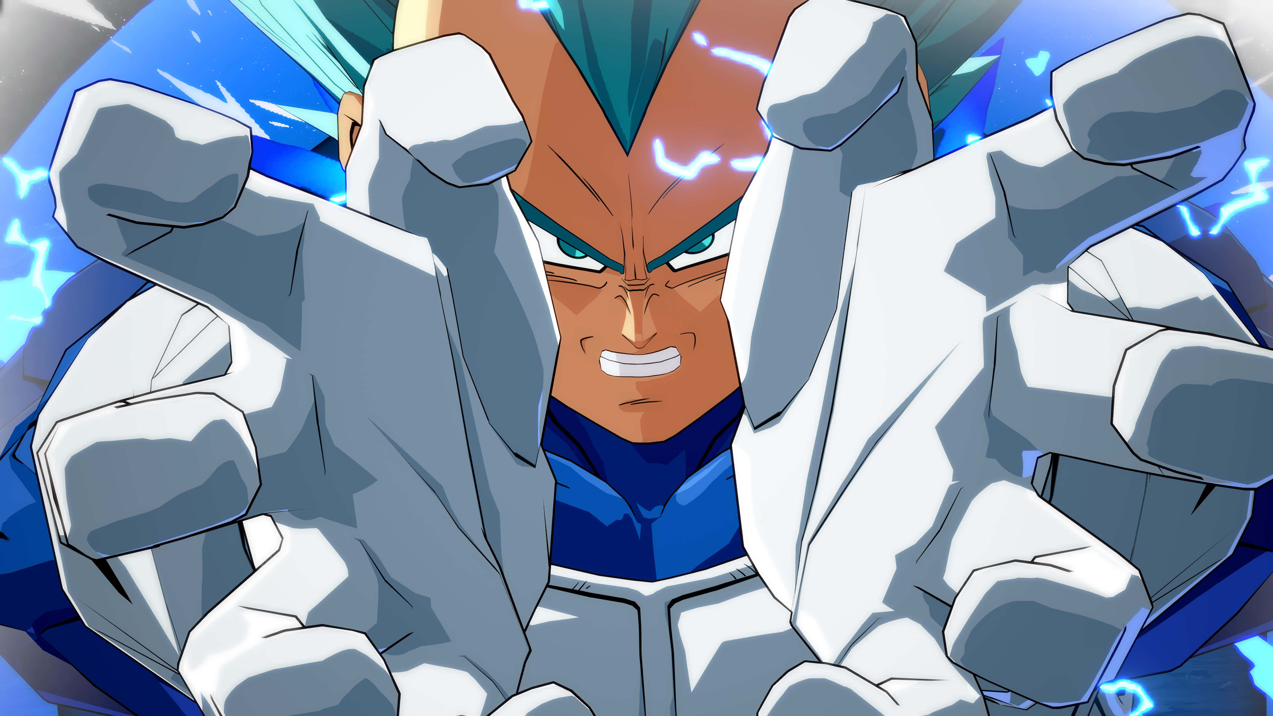 Dragon Ball Fighterz, blue hair, glowing eyes, 5K Desktop Wallpaper