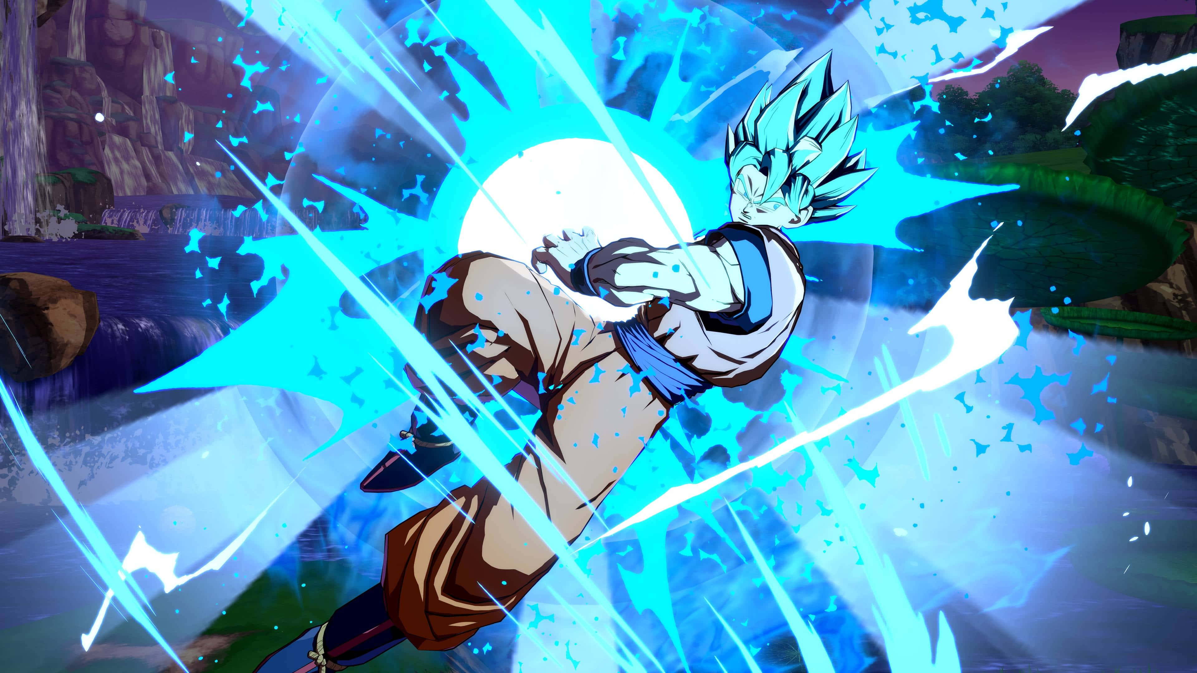 Dragon Ball Fighterz, blue-haired anime warrior, glowing blue energy blast, 4K Desktop Wallpaper
