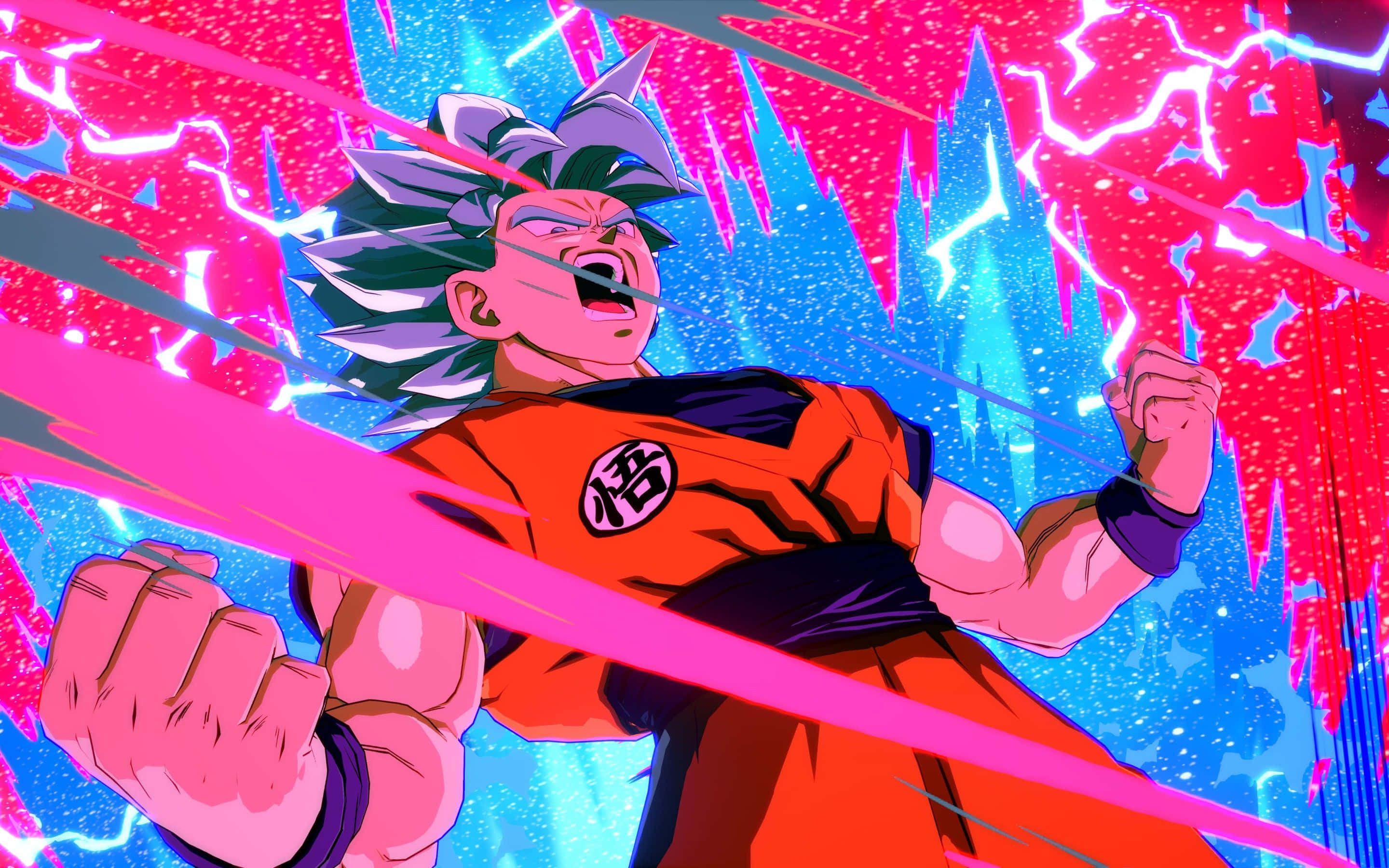 Dragon Ball FighterZ, orange gi, vibrant pink and blue energy bursts, 2K Desktop Wallpaper