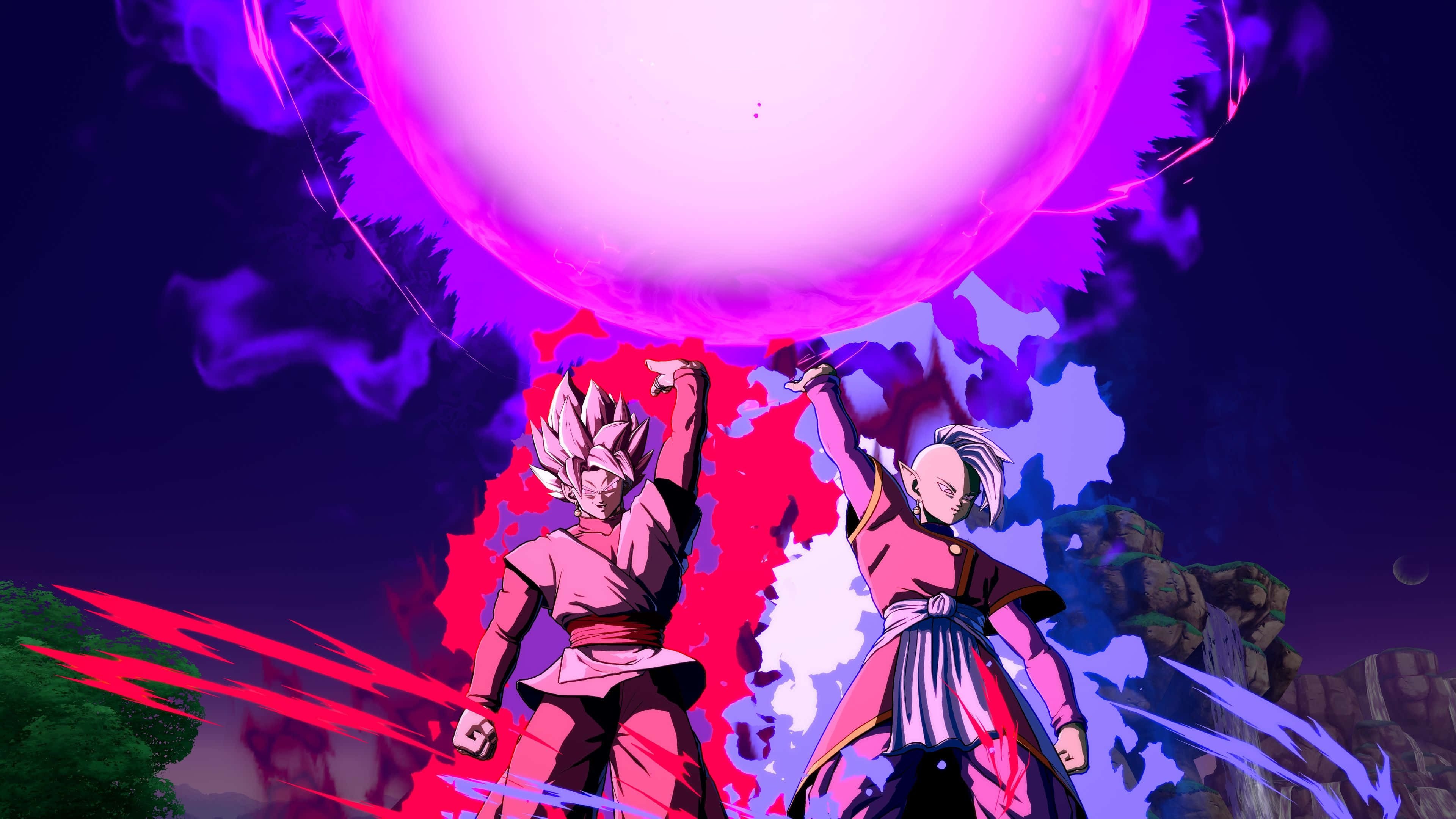 Dragon Ball FighterZ, glowing pink sphere, dark purple sky, 4K Desktop Wallpaper