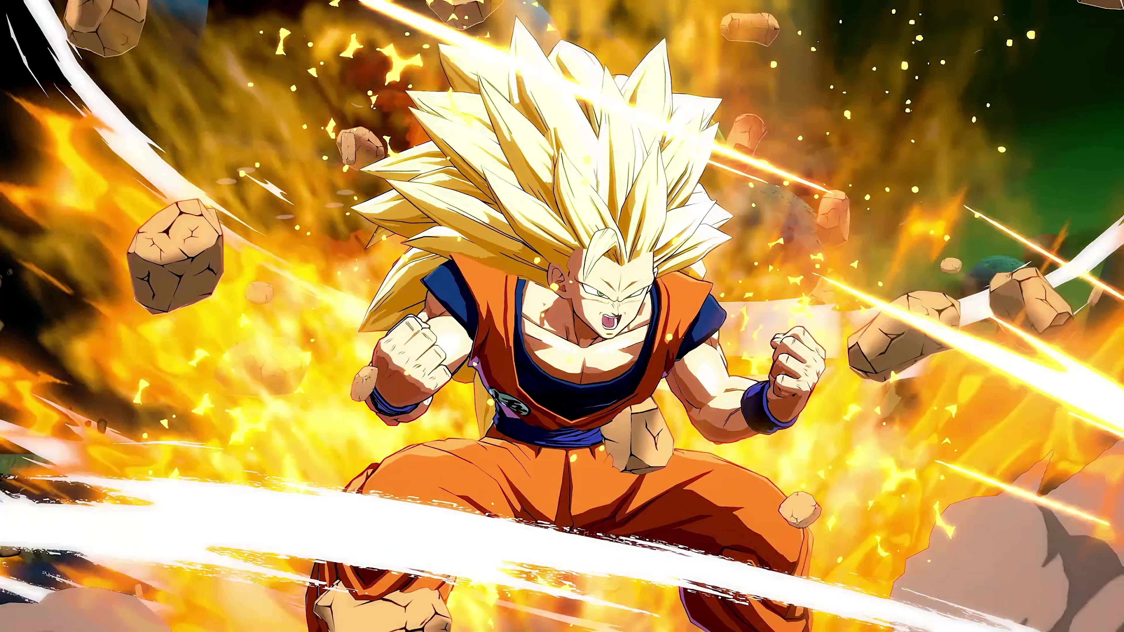 Dragon Ball Fighterz, spiky golden hair, fiery energy blast, 4K Desktop Wallpaper