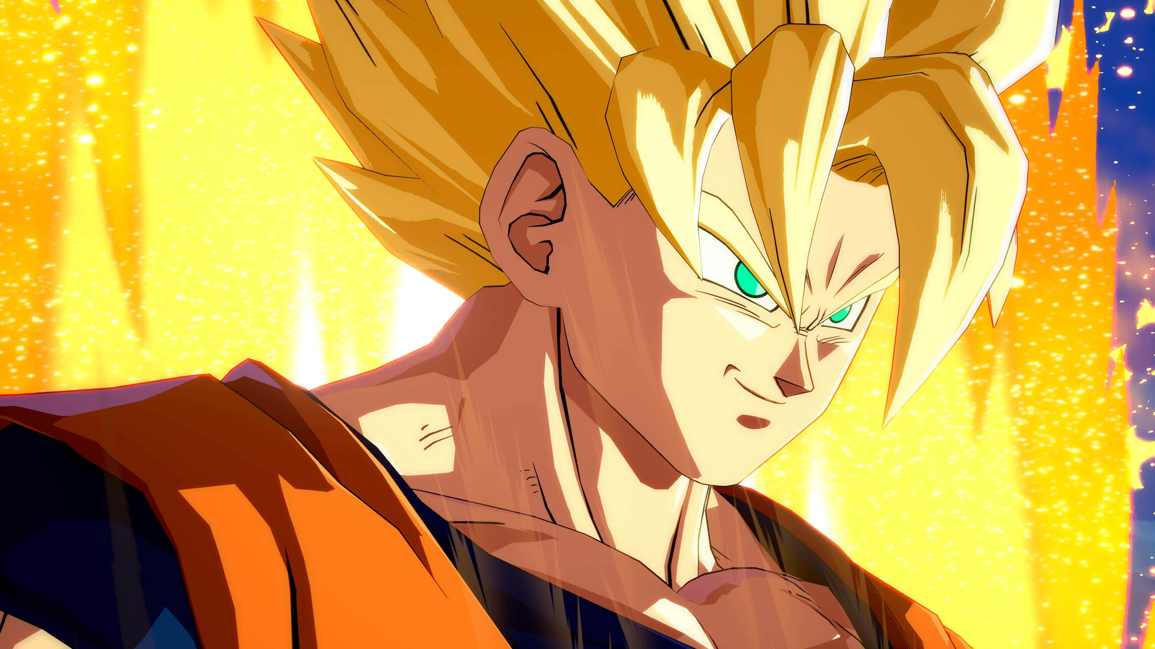 Dragon Ball Fighterz, spiky golden hair, glowing green eyes, 4K Desktop Wallpaper