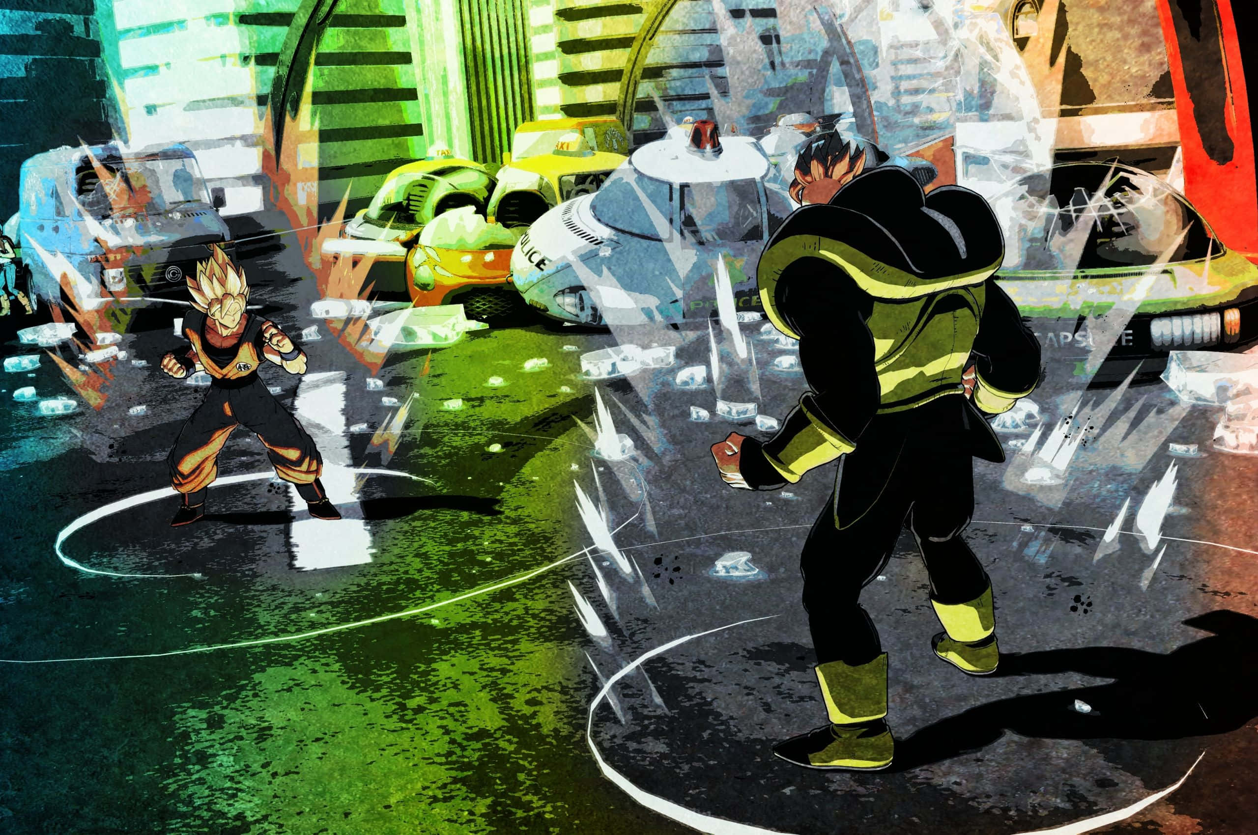 Dragon Ball Fighterz, neon-drenched futuristic city street, flying cars, 2K Desktop Wallpaper