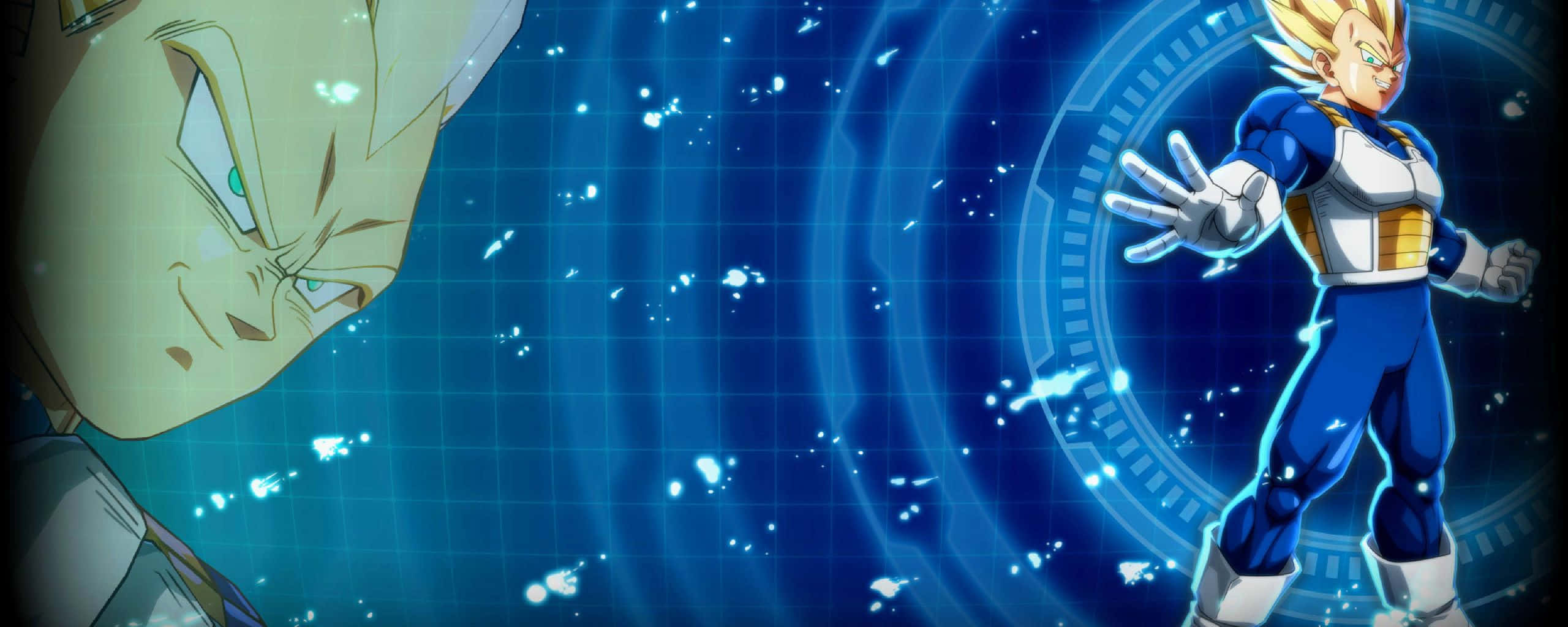 Dragon Ball FighterZ, glowing blue digital arena, energy particles, 2K Desktop Wallpaper