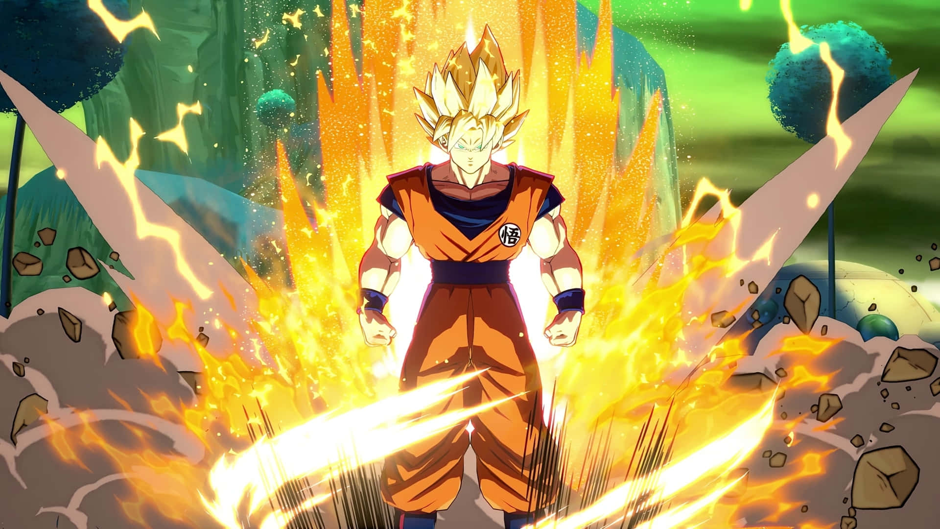 Dragon Ball FighterZ, spiky golden hair, explosive flames, Full HD Desktop Wallpaper