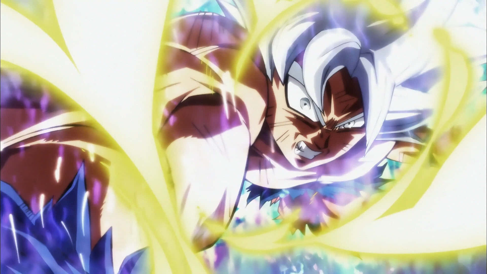 Dragon Ball Goku Ultra Instinct, white hair, glowing yellow aura, Full HD Desktop Wallpaper