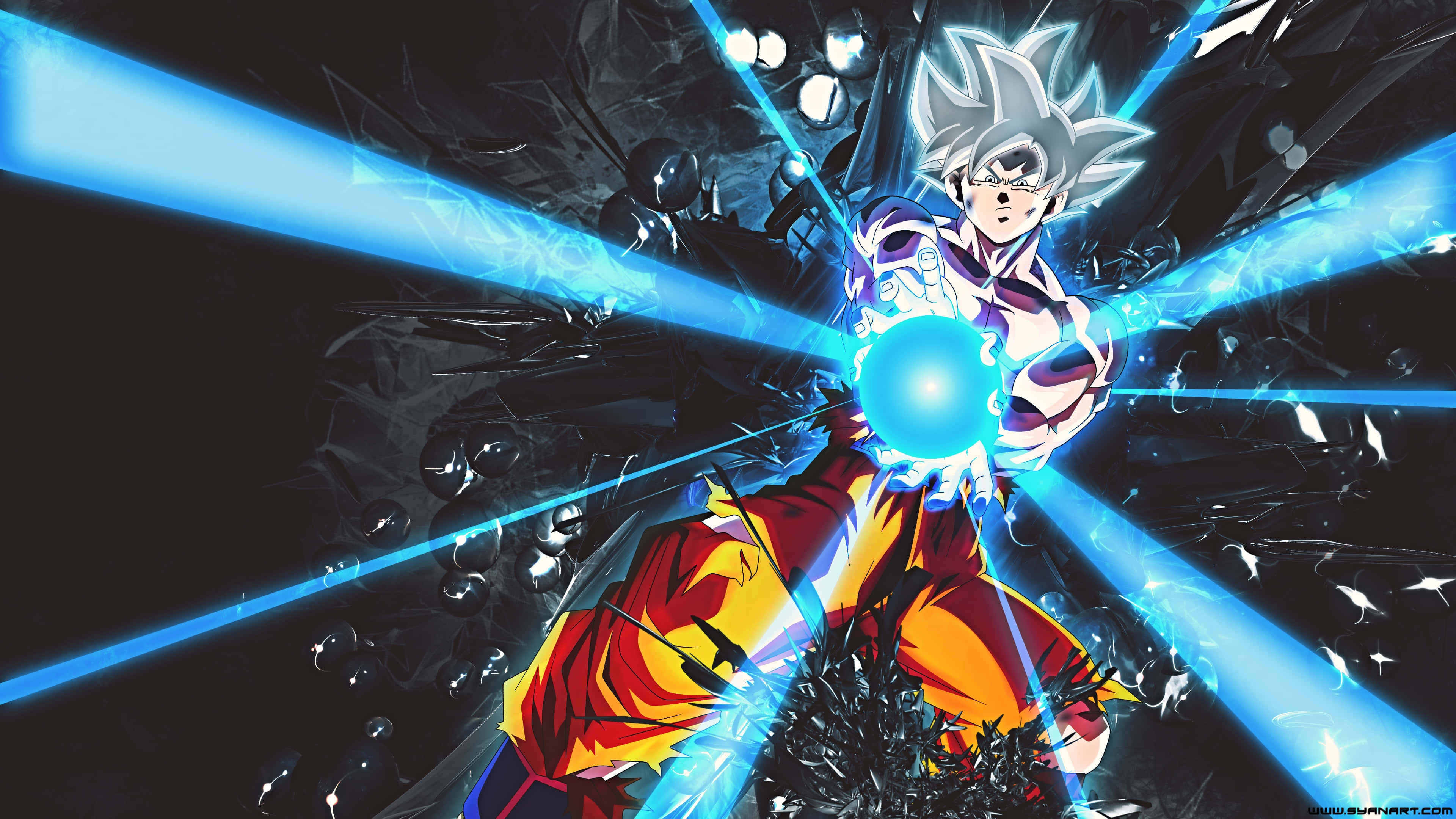 Dragon Ball Goku Ultra Instinct, Ultra Instinct Goku, blue energy beams, 4K Desktop Wallpaper