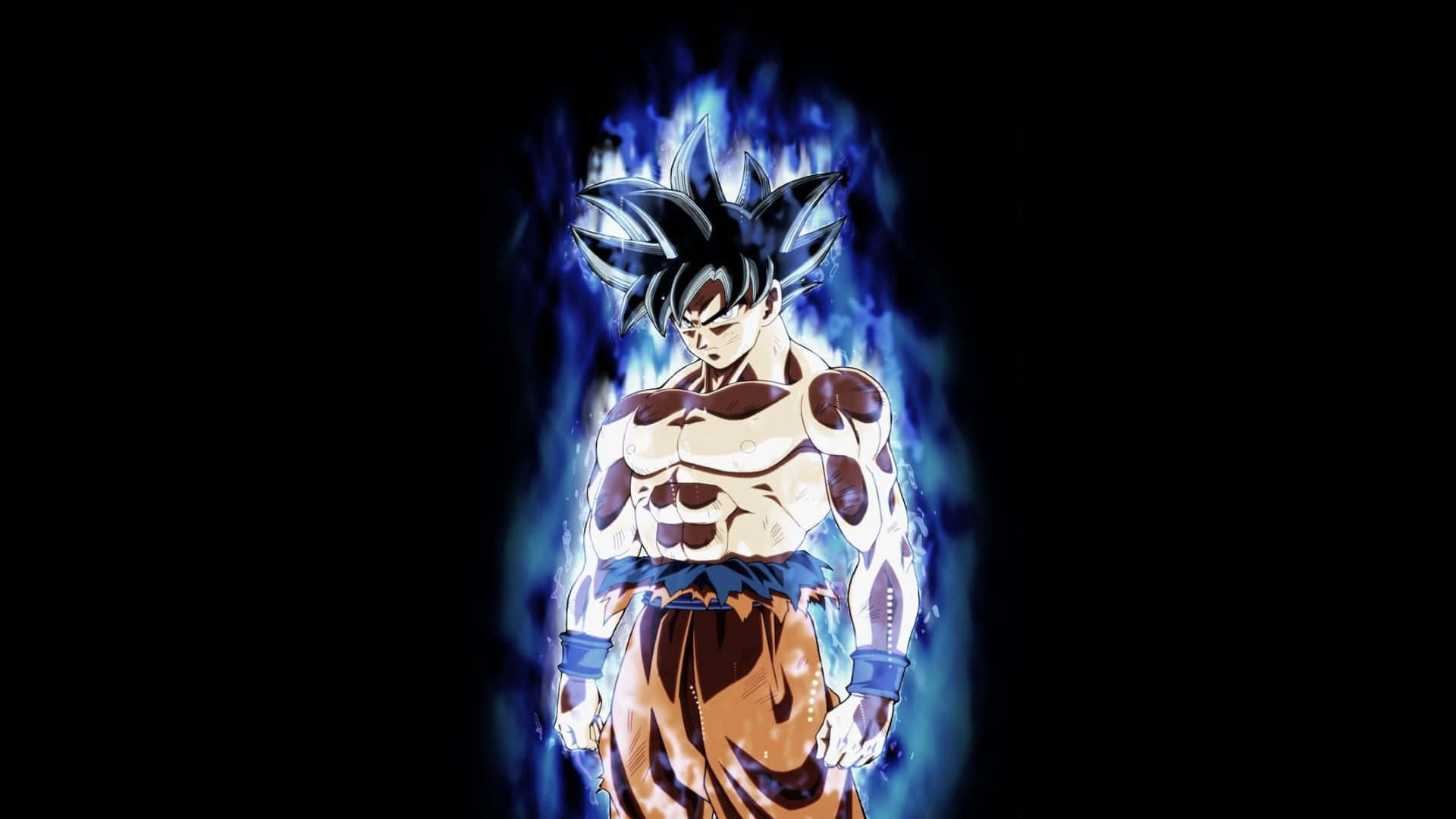 Dragon Ball Goku Ultra Instinct, glowing blue energy aura, black background, Full HD Desktop Wallpaper