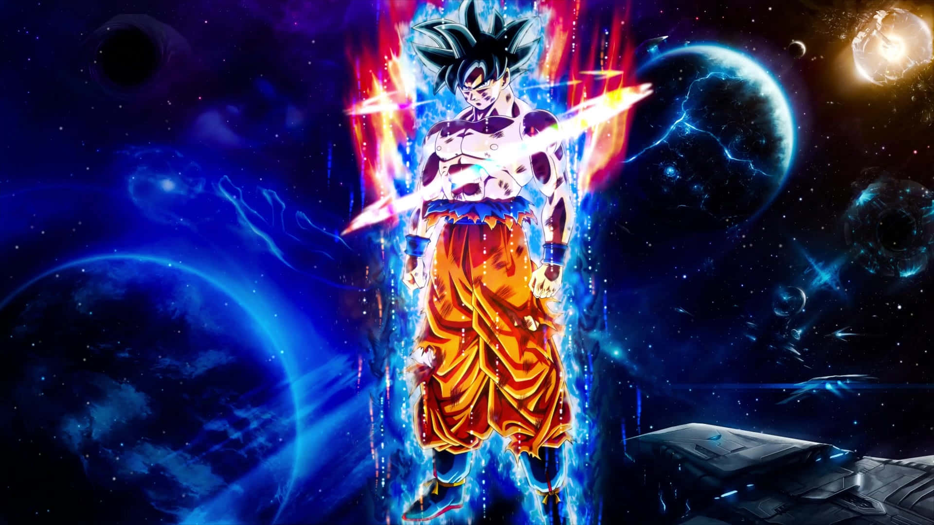 Dragon Ball Goku Ultra Instinct, blue and red energy, cosmic backdrop, Full HD Desktop Wallpaper