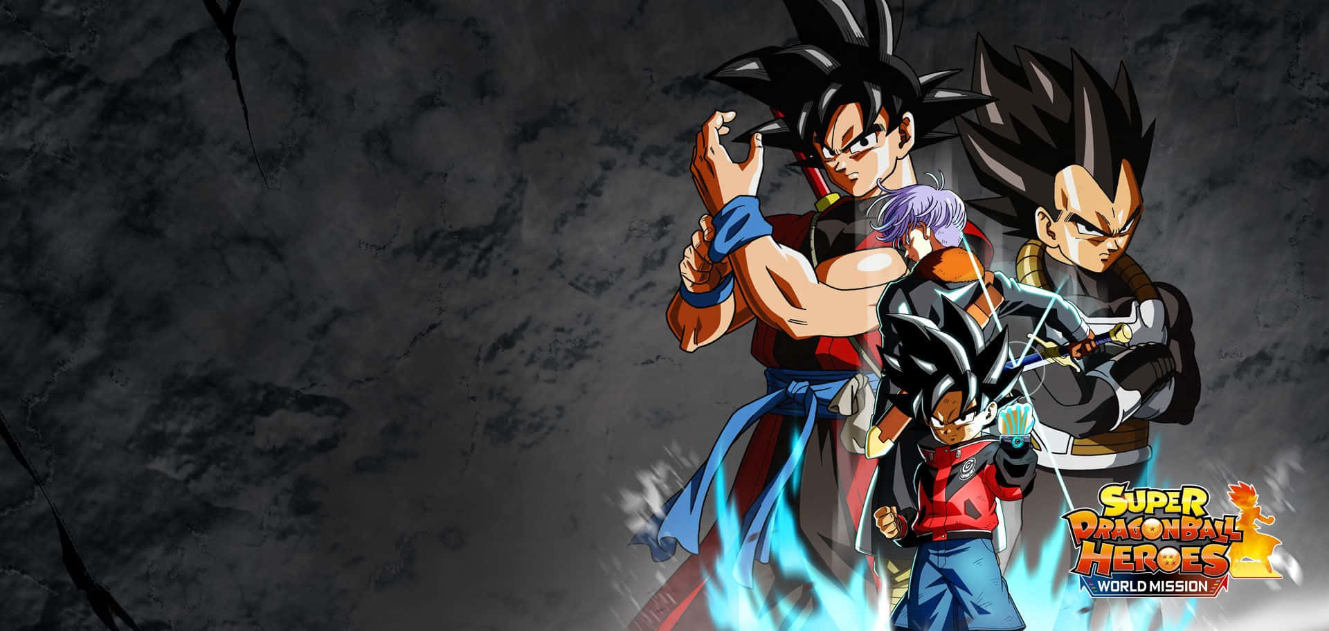 Dragon Ball Heroes, three Dragon Ball heroes, cracked dark gray background, Full HD Desktop Wallpaper