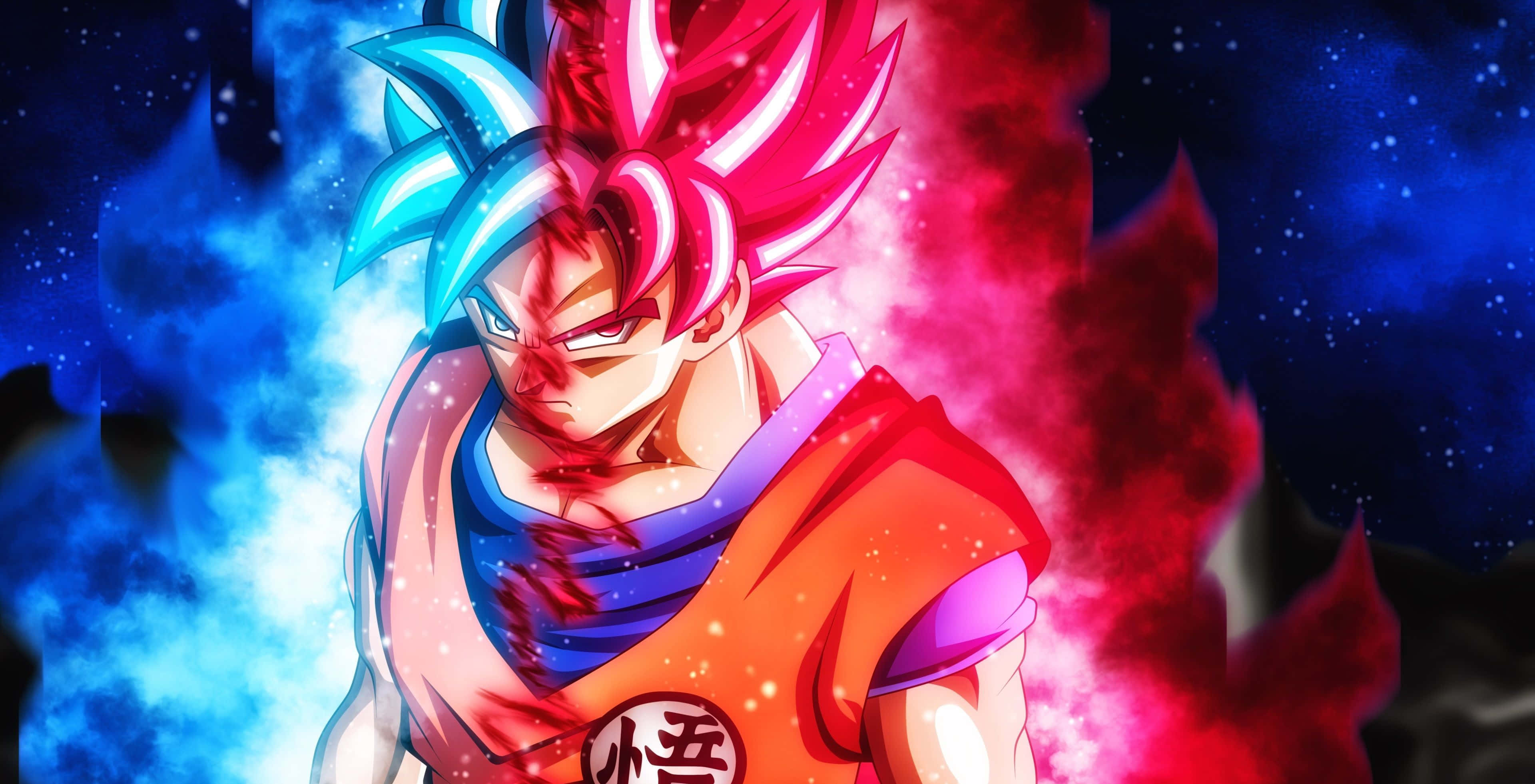 Dragon Ball Heroes, spiky blue and red hair, cosmic starry background, 4K Desktop Wallpaper