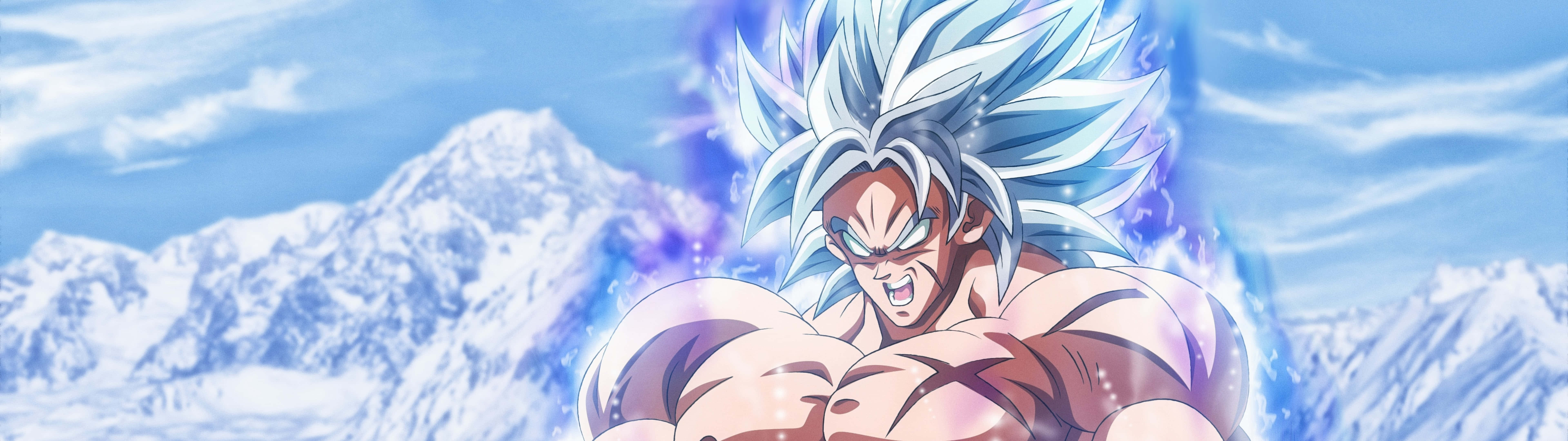 Dragon Ball Landscape, spiky blue hair, snow-capped mountains, 8K Desktop Wallpaper