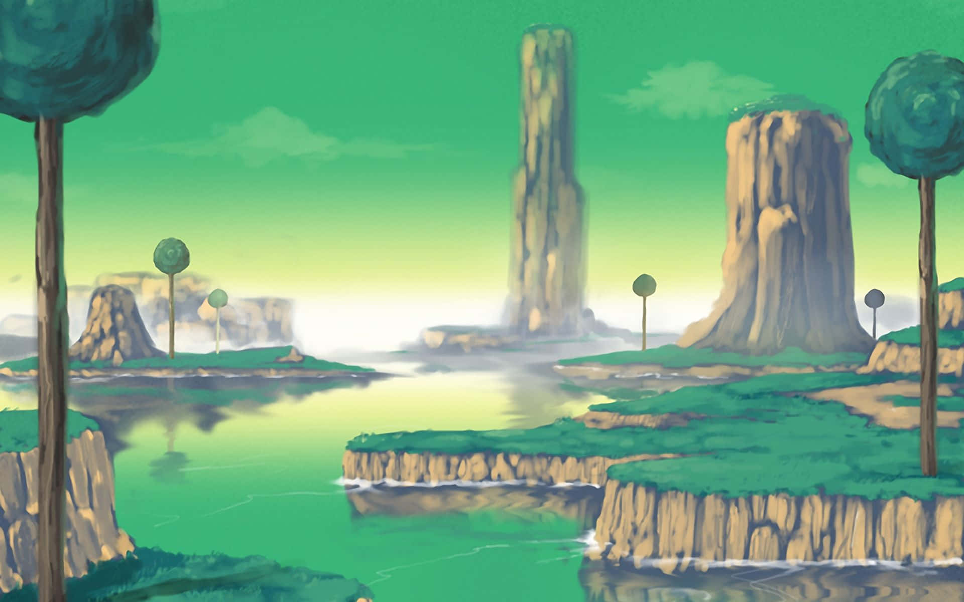 Dragon Ball Landscape, anime-style landscape, floating green islands, Full HD Desktop Wallpaper