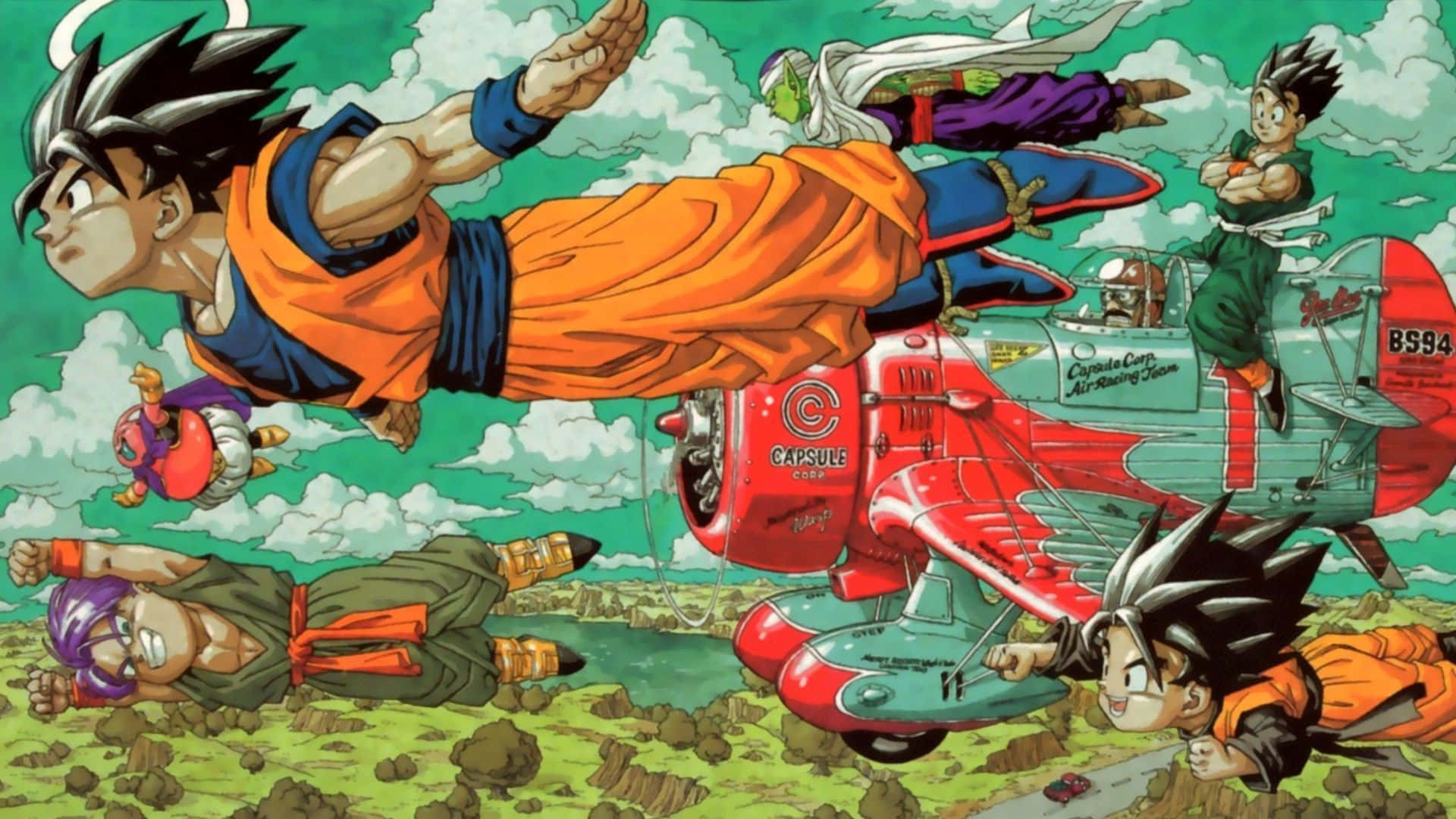 Dragon Ball Landscape, red and teal airplane, green sky, Full HD Desktop Wallpaper