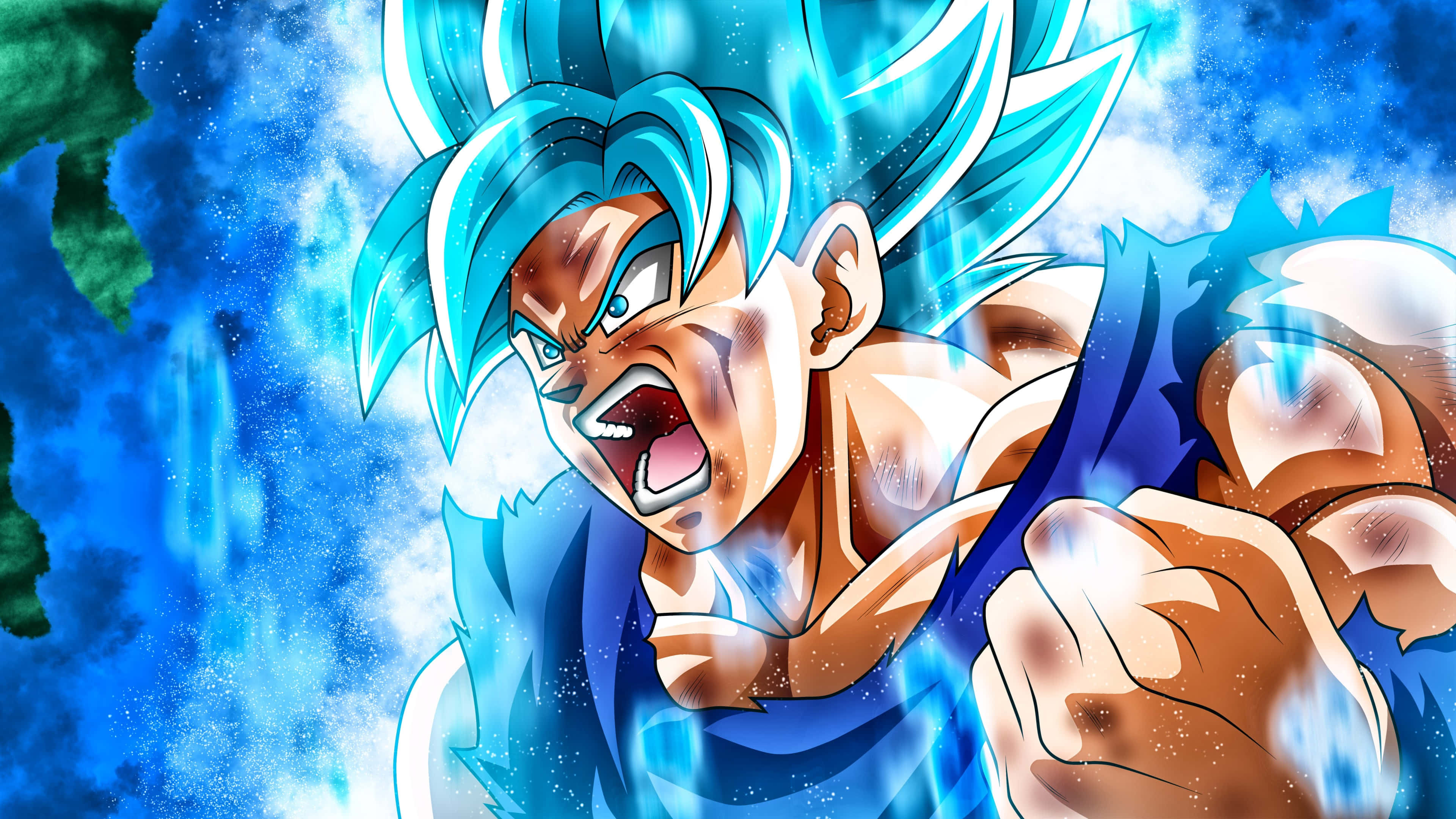Dragon Ball Landscape, blue-haired anime warrior, glowing energy, 4K Desktop Wallpaper