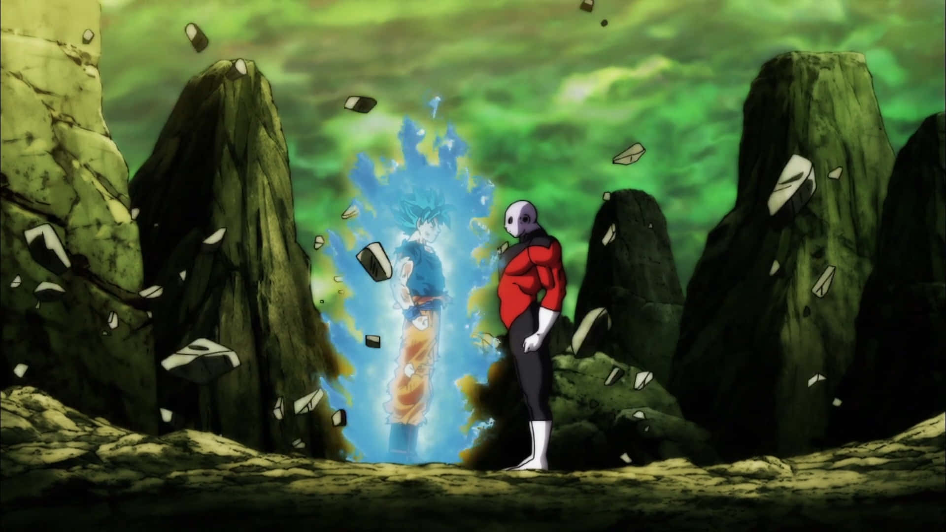 Dragon Ball Landscape, blue-haired warrior, orange pants, Full HD Desktop Wallpaper