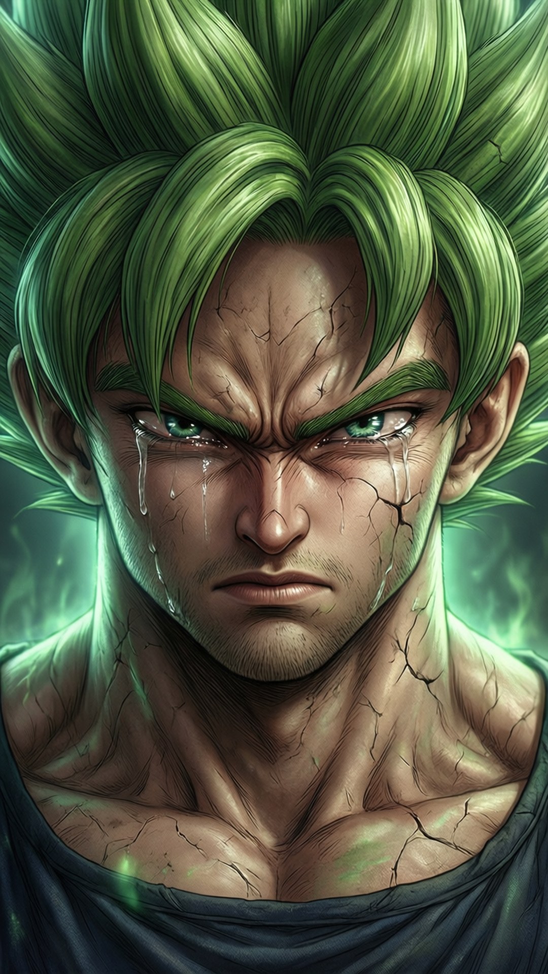 Broly, green-haired anime warrior, cracked skin, Full HD Phone Wallpaper