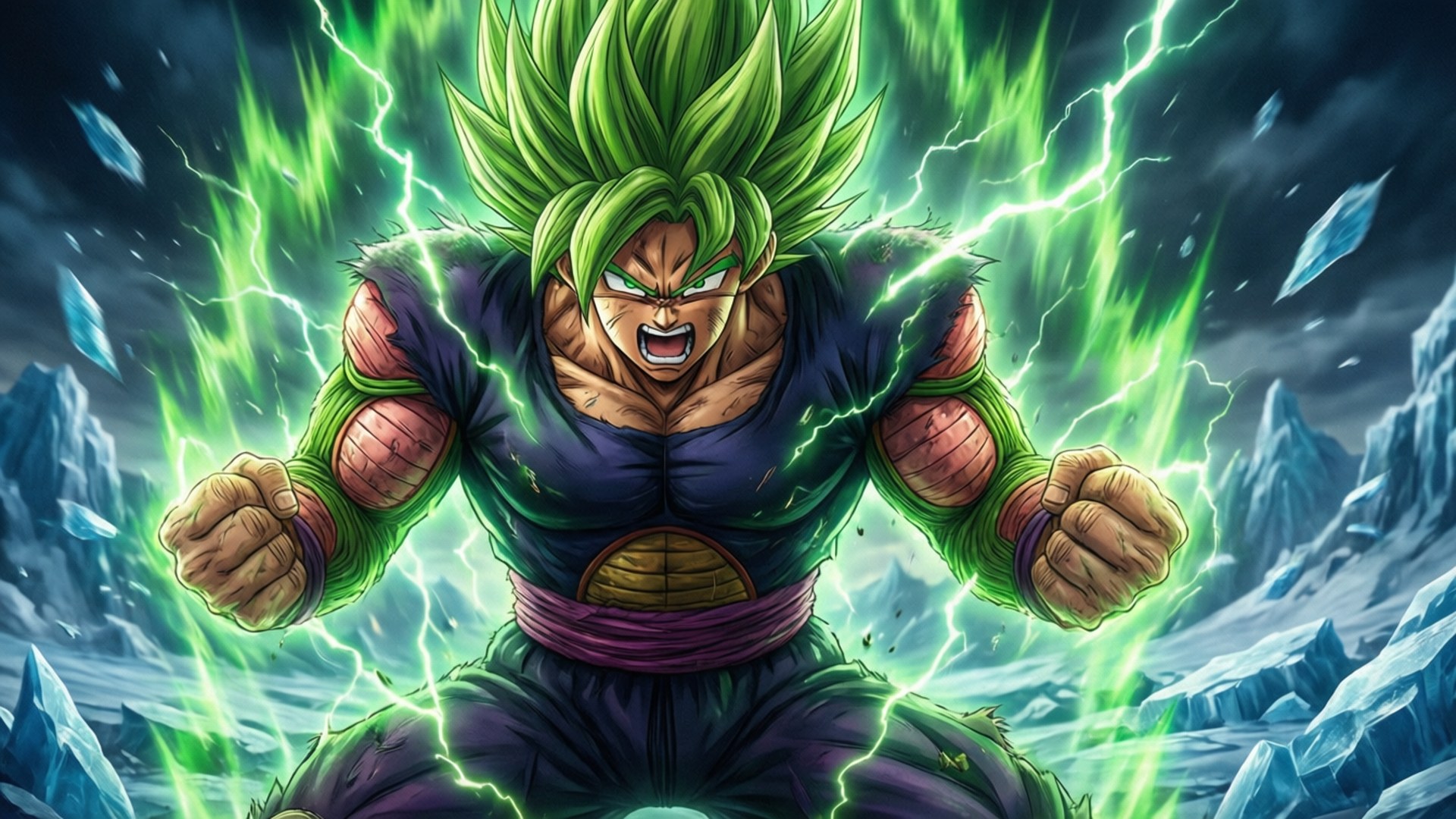 Broly, green-haired warrior, glowing green energy, Full HD Desktop Wallpaper