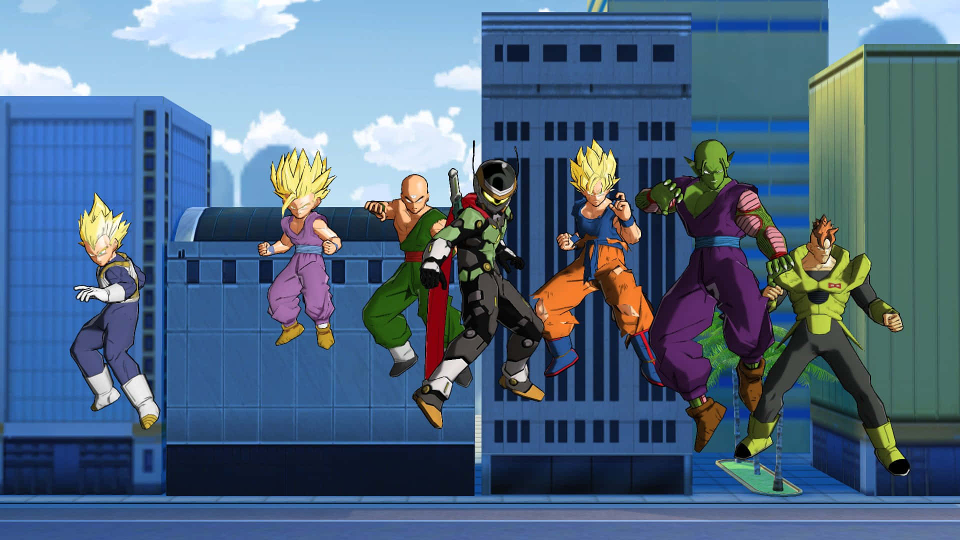 Dragon Ball Super Games, futuristic cityscape, bright blue sky, Full HD Desktop Wallpaper