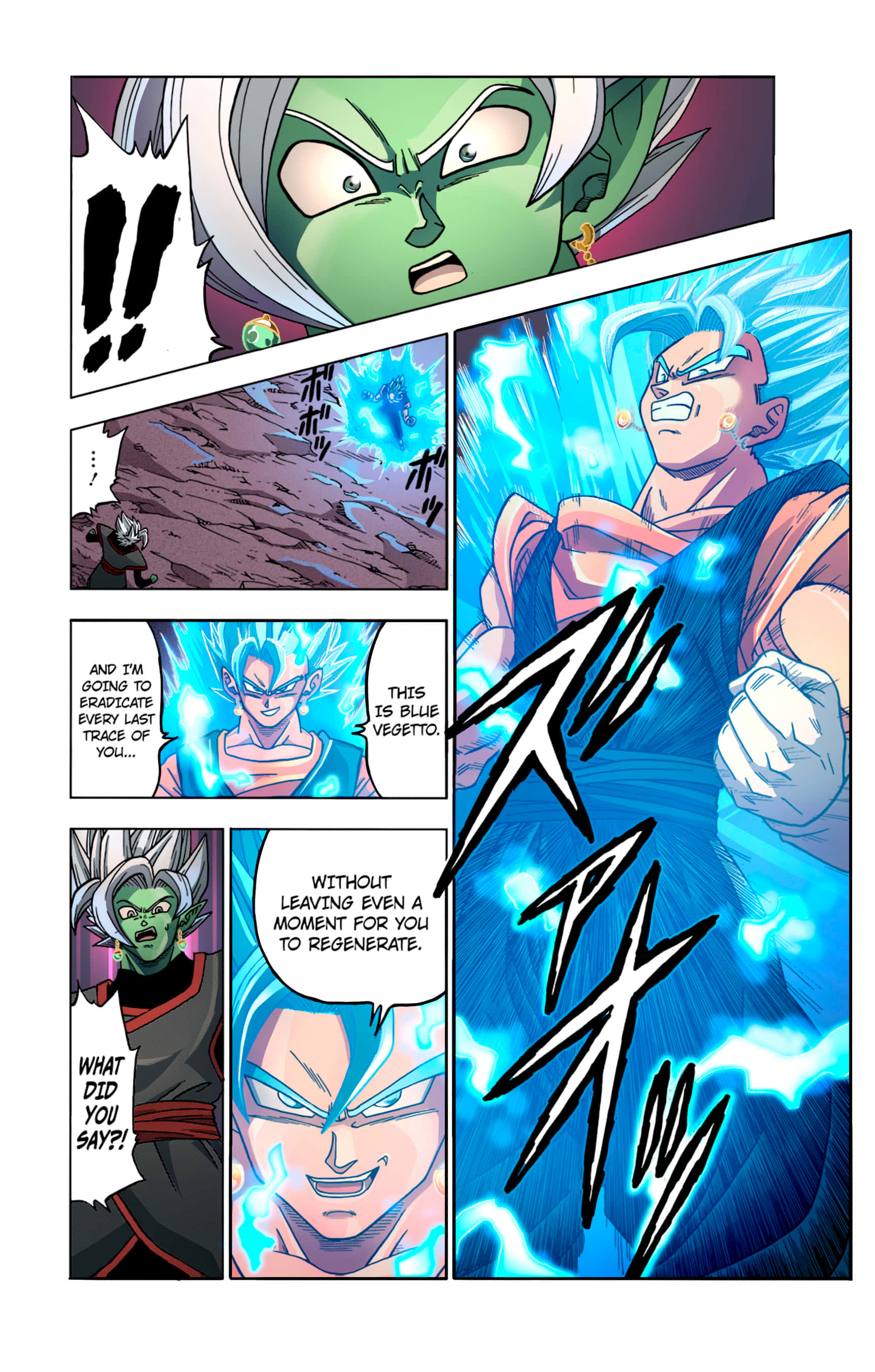 Dragon Ball Super Manga, green-skinned villain, blue-haired warrior, 2K Phone Wallpaper