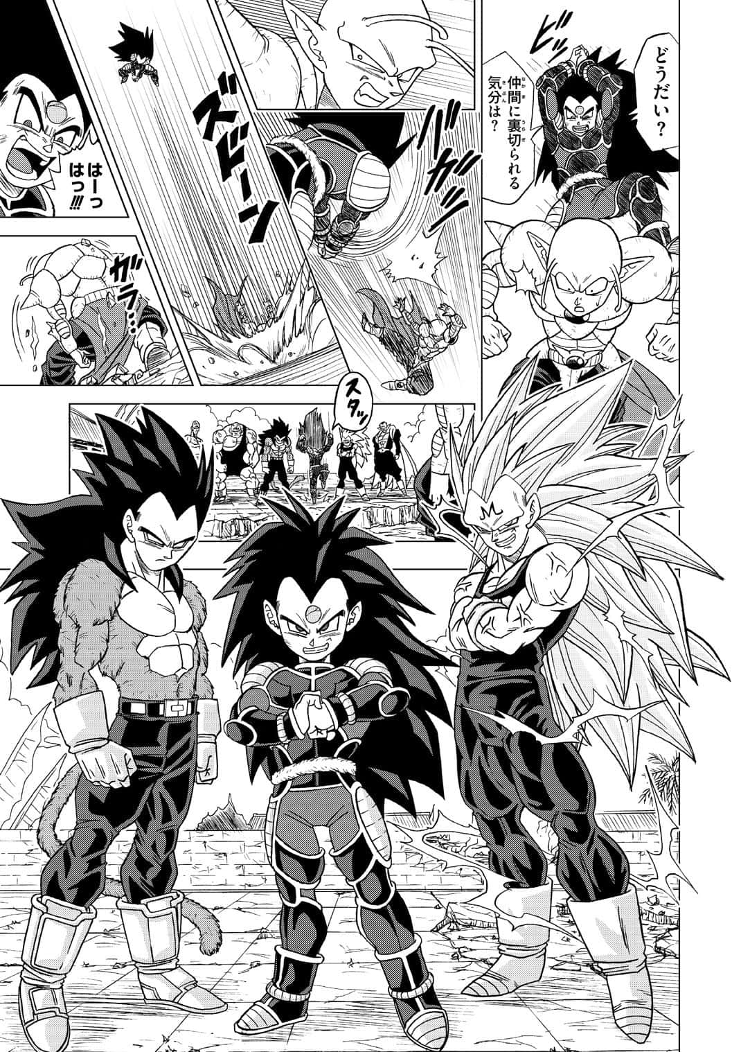 Dragon Ball Super Manga, Black and white manga panel, three Saiyan warriors, HD Phone Wallpaper