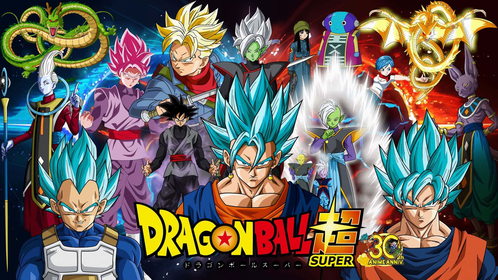 Dragon Ball Super, blue and pink hair, dragons, Full HD Desktop Wallpaper