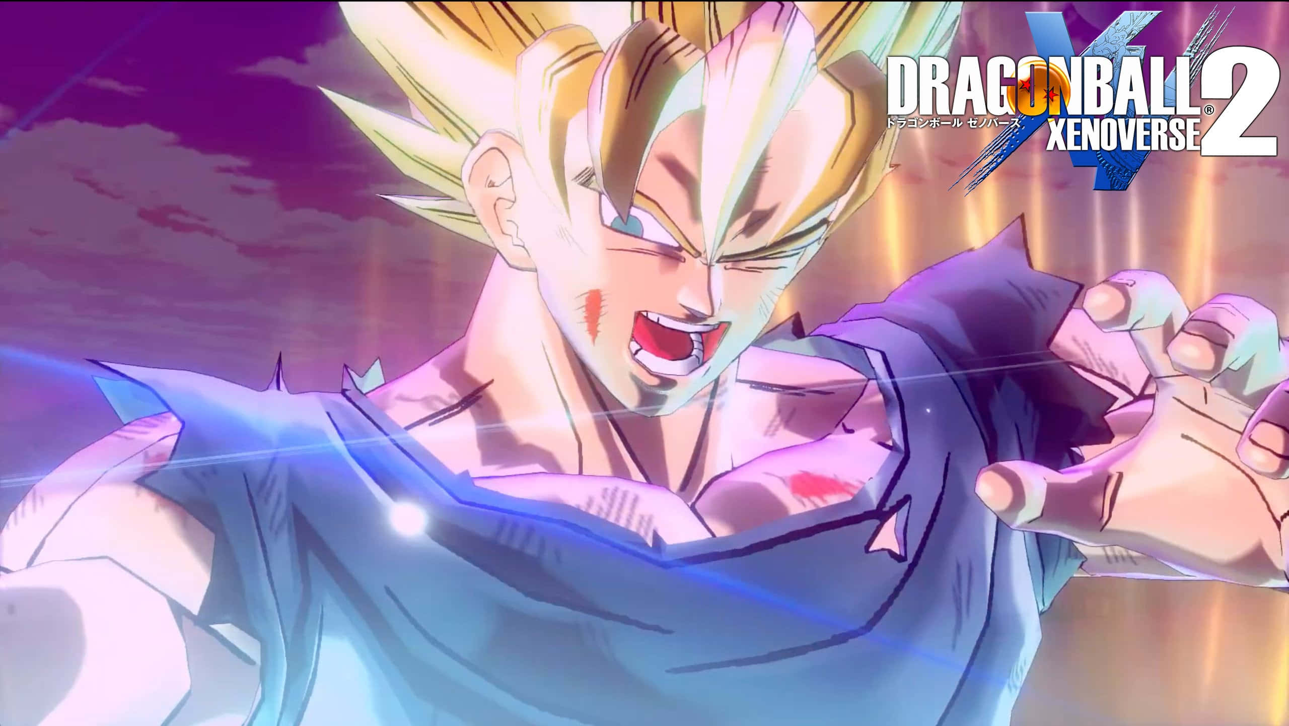 Dragon Ball Xenoverse 2, spiky golden hair, glowing blue energy, 2K Desktop Wallpaper