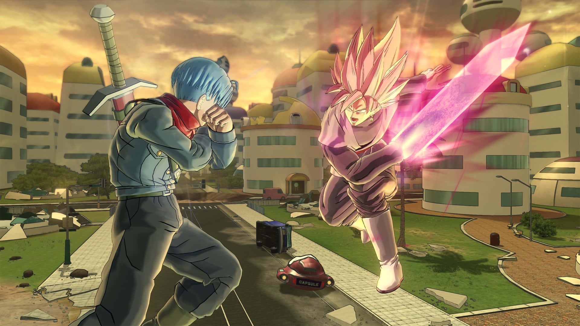Dragon Ball Xenoverse 2, glowing pink sword, vibrant cityscape, Full HD Desktop Wallpaper