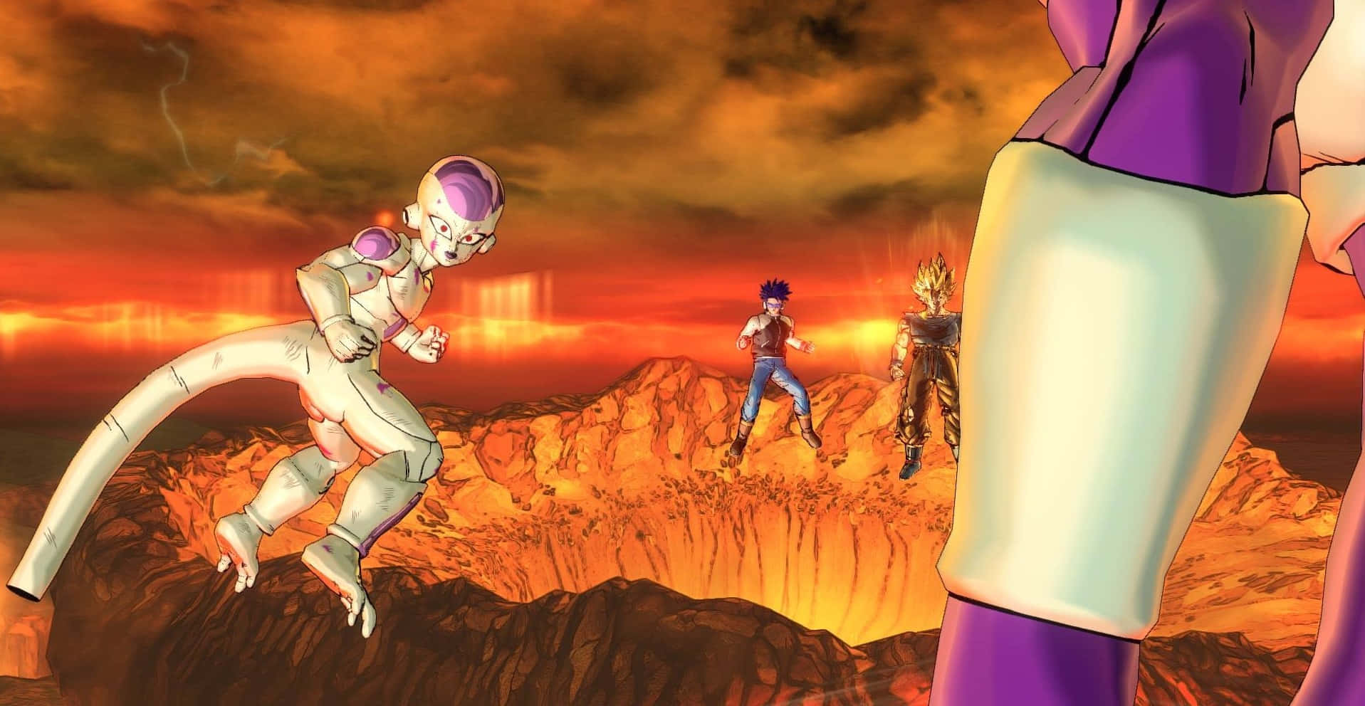 Dragon Ball Xenoverse 2, fiery rocky planet, dramatic orange sunset sky, HD Desktop Wallpaper