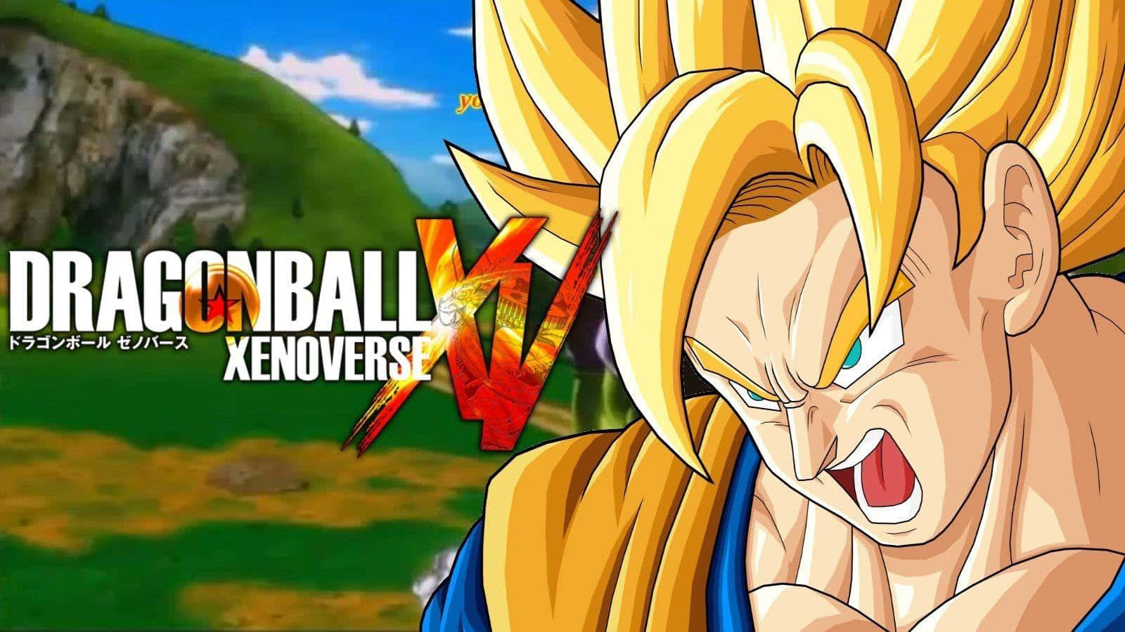 Dragon Ball Xenoverse, golden-haired Saiyan warrior, vibrant green hillside, HD Desktop Wallpaper