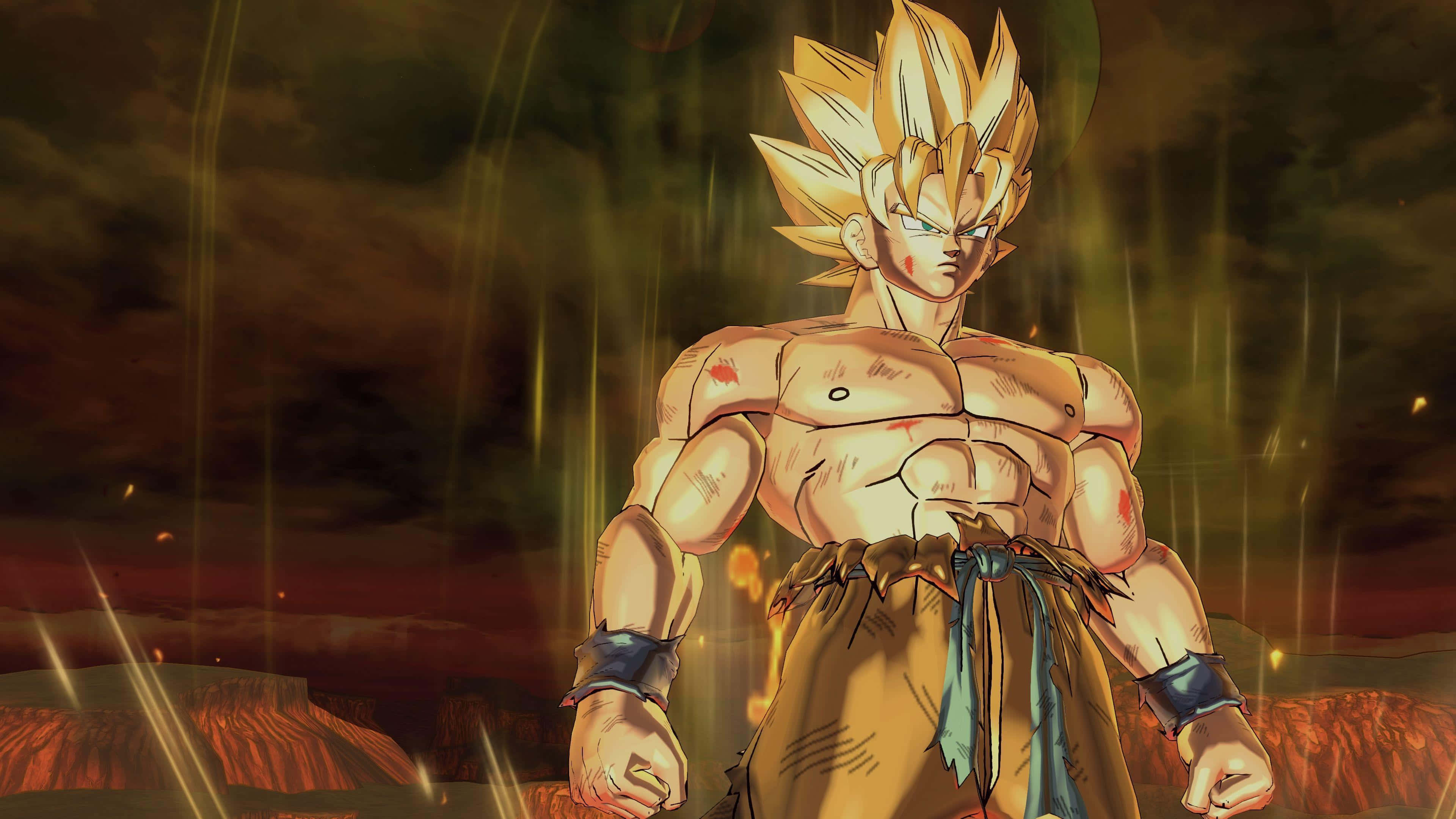 Dragon Ball Xenoverse, golden-haired warrior, fiery battlefield, 4K Desktop Wallpaper