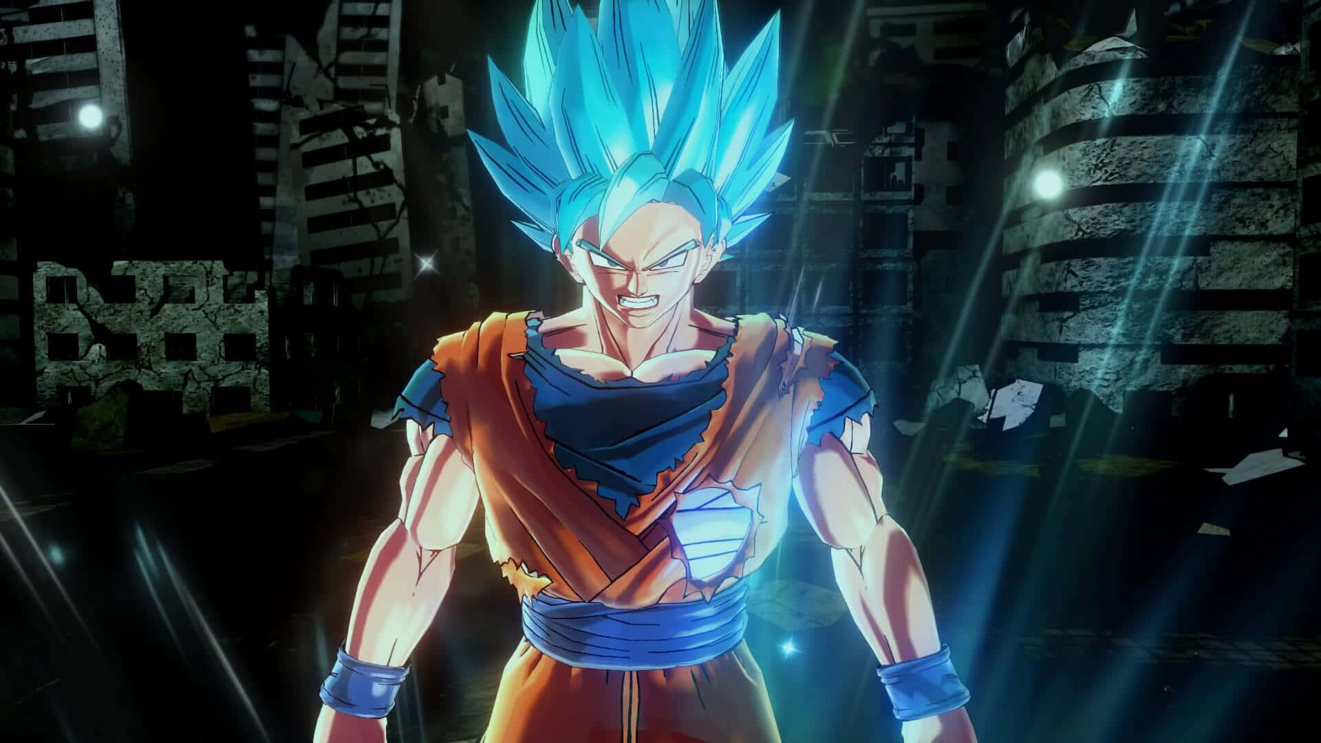 Dragon Ball Xenoverse 2, blue-haired Super Saiyan Goku, dark ruined cityscape, Full HD Desktop Wallpaper