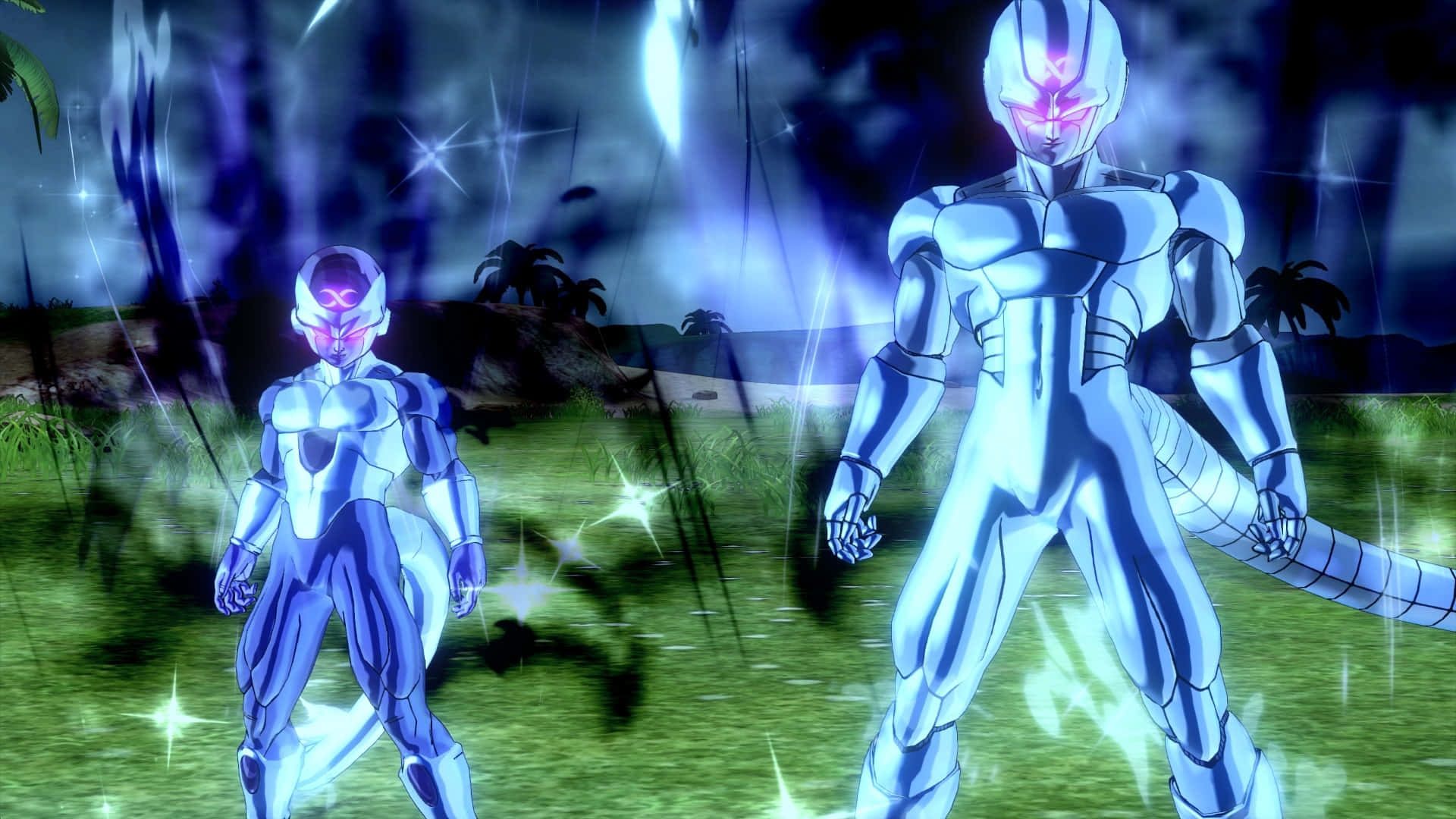 Dragon Ball Xenoverse 2, glowing blue armored anime characters, rainy tropical field, Full HD Desktop Wallpaper