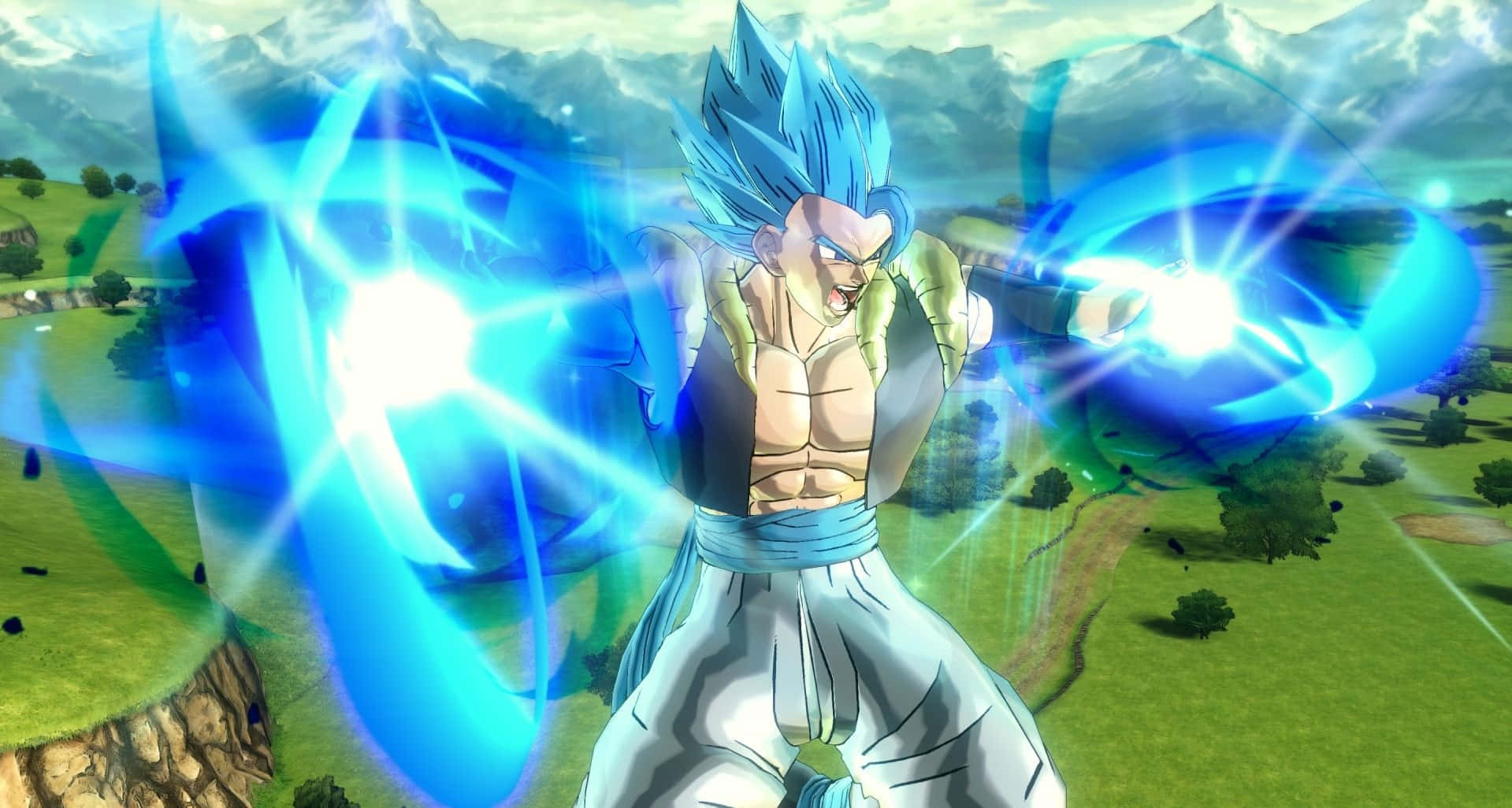 Dragon Ball Xenoverse 2, blue-haired anime warrior, glowing blue energy blasts, HD Desktop Wallpaper