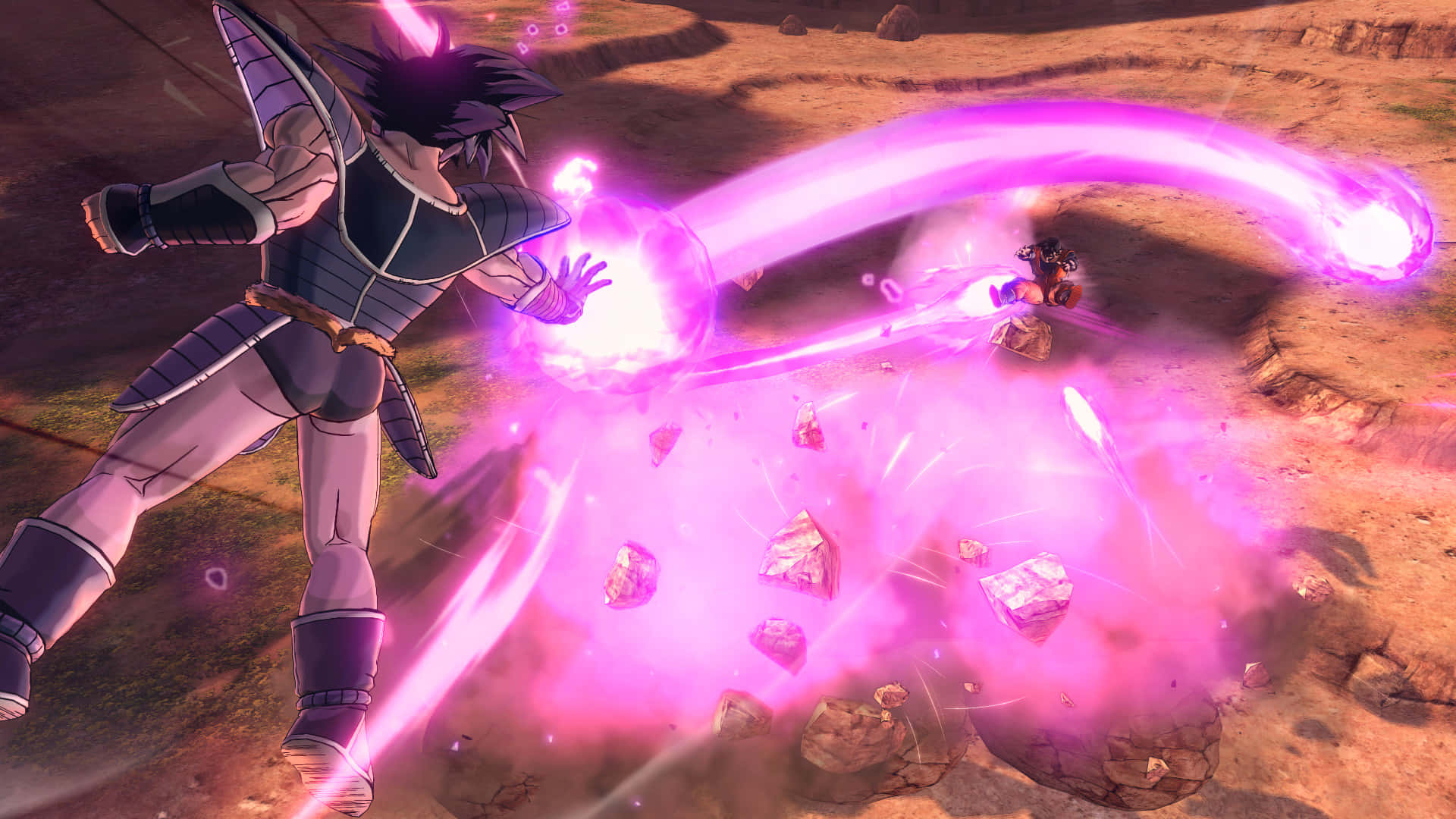 Dragon Ball Xenoverse 2, glowing purple energy blast, rocky desert battlefield, Full HD Desktop Wallpaper